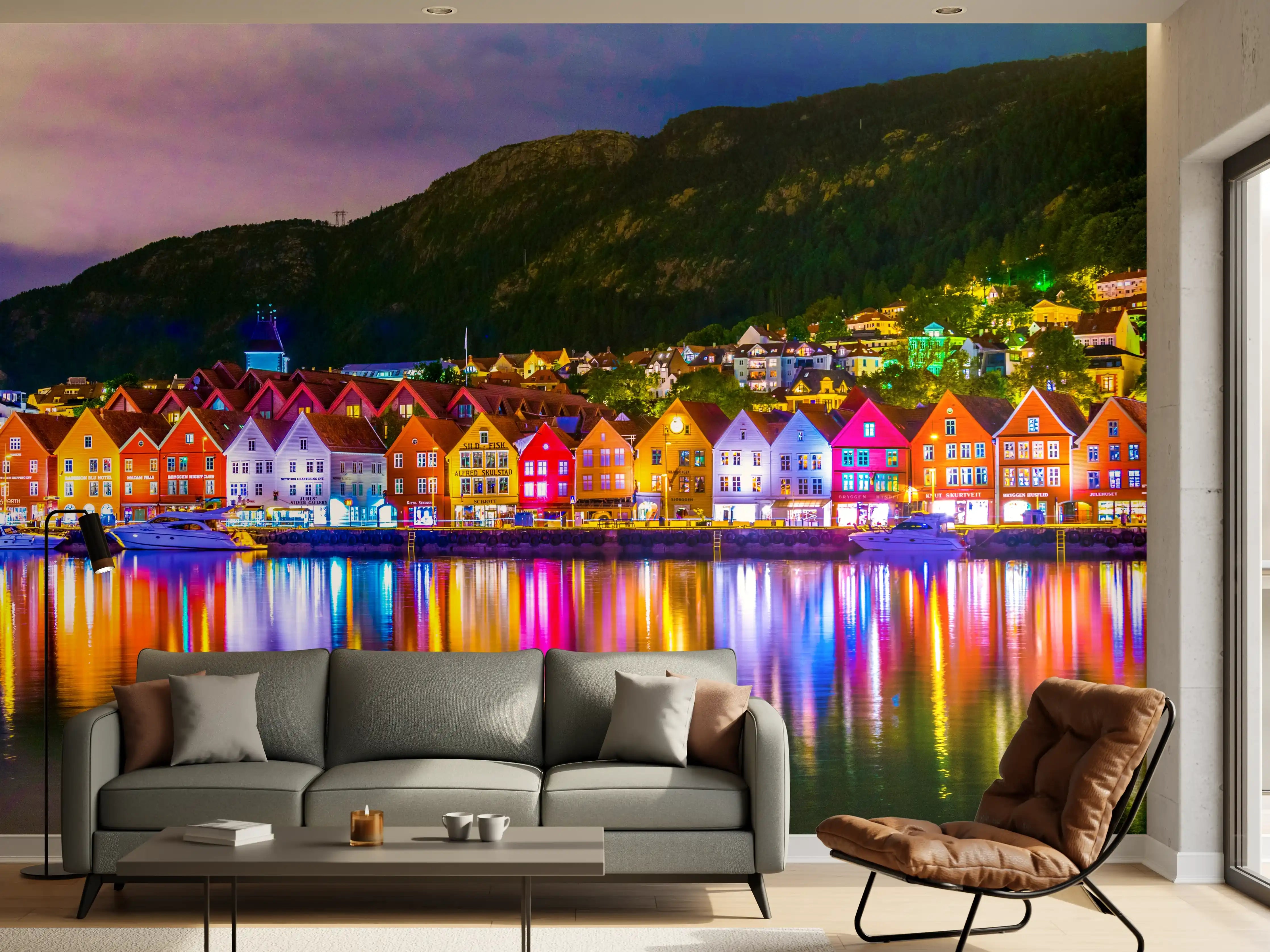 Wandverkleidung Wohnzimmer - Leuchtende Häuser am Hafen bei Nacht