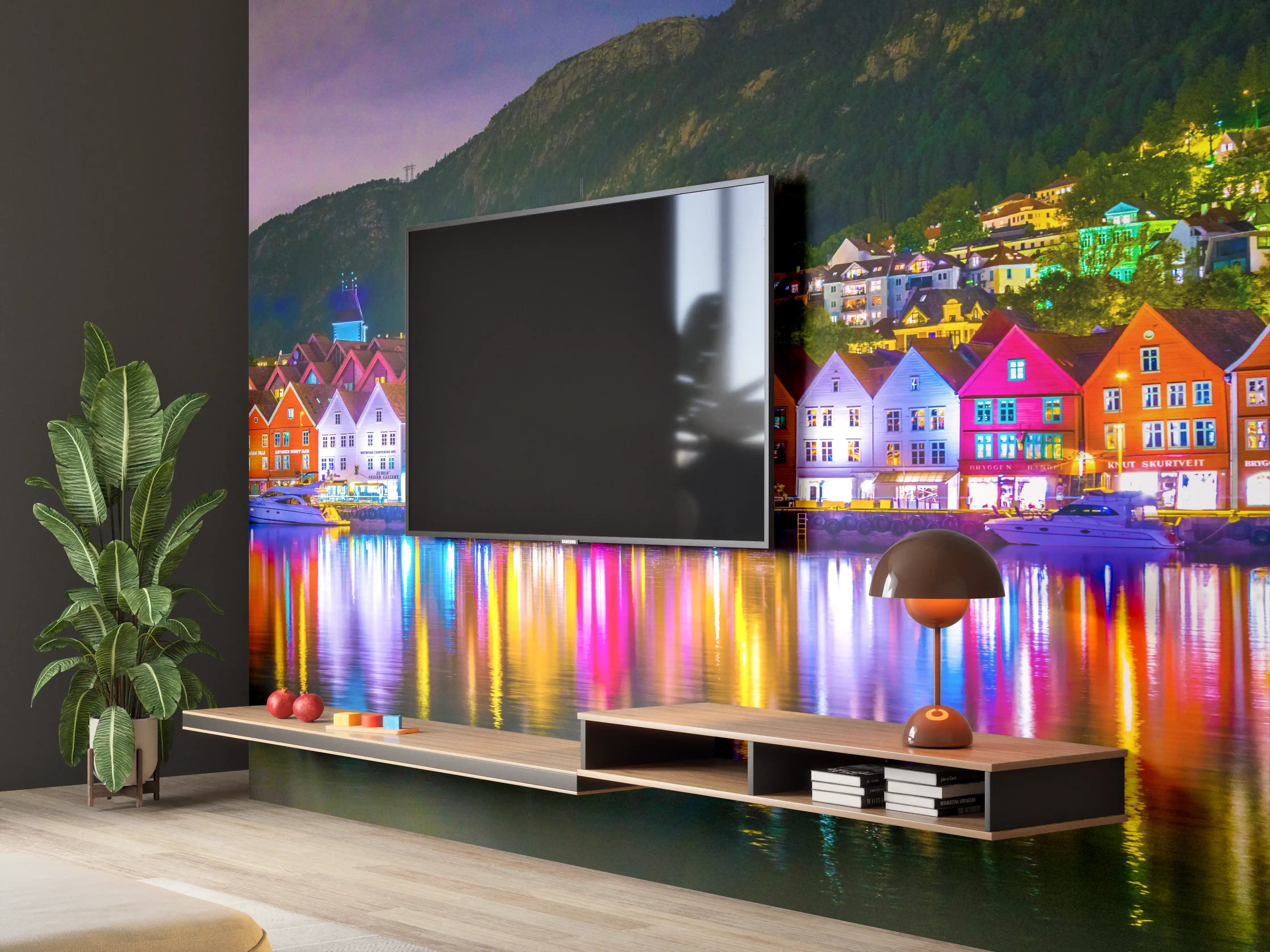 Wandverkleidung Wohnzimmer - Leuchtende Häuser am Hafen bei Nacht