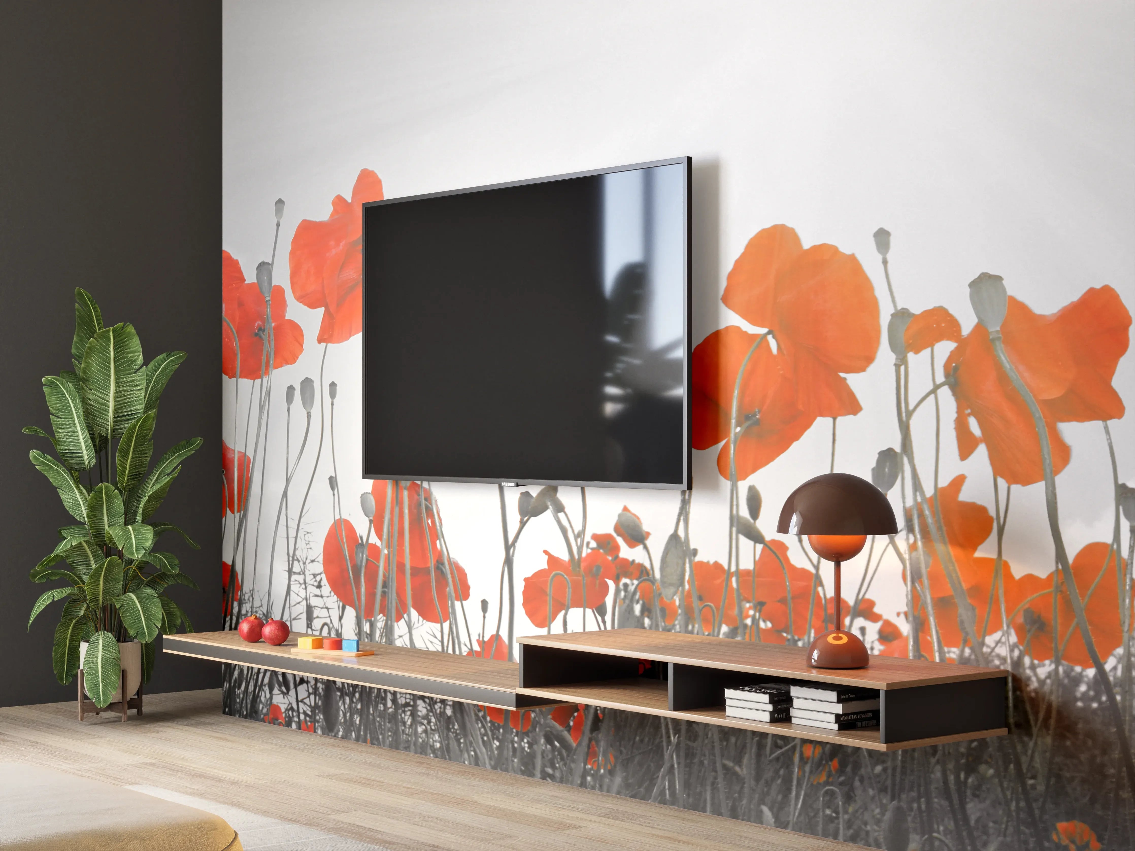 Wandverkleidung Wohnzimmer - Leuchtende Mohnblumen im Sonnenlicht
