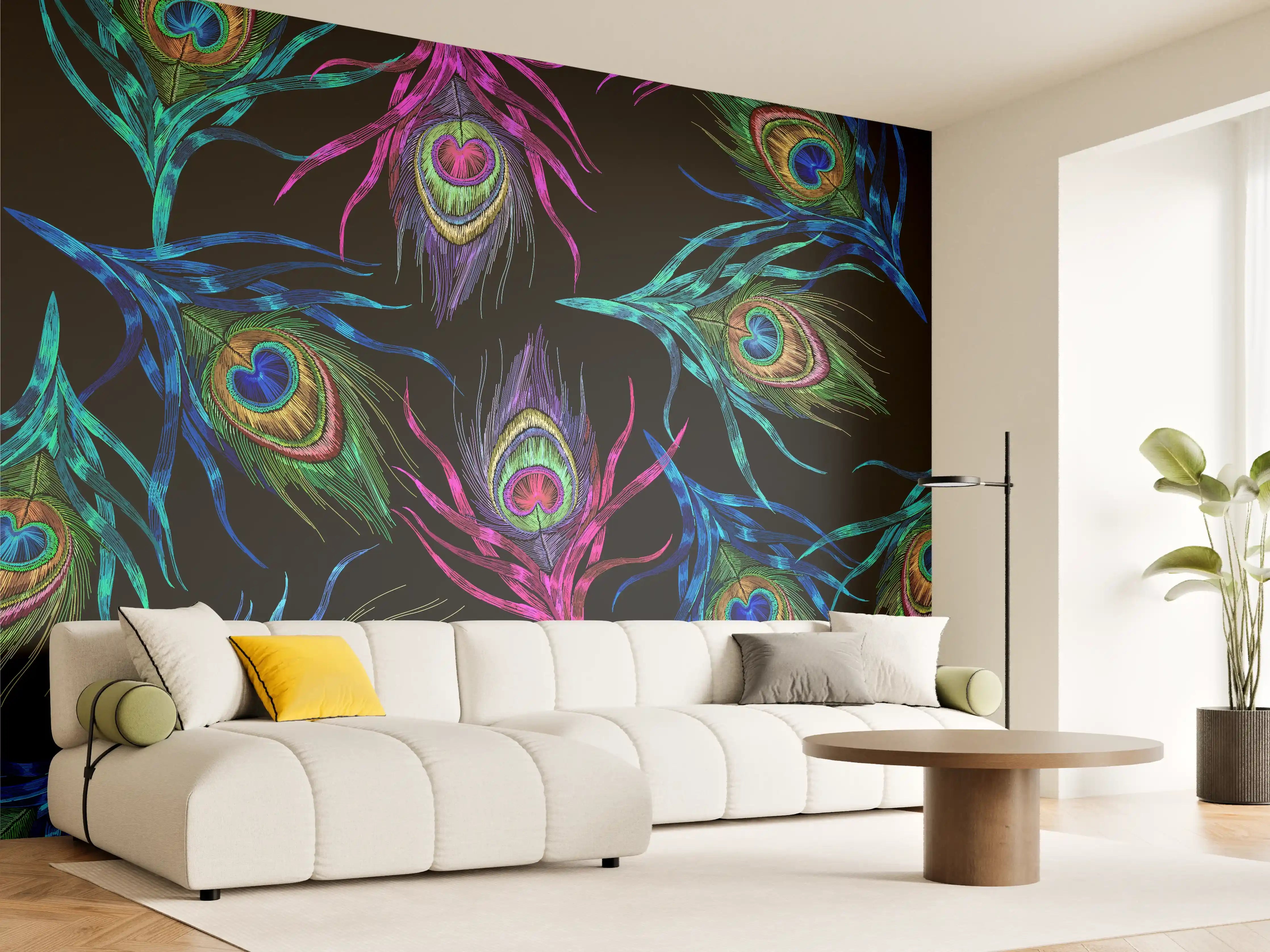 Wandverkleidung Wohnzimmer - Leuchtende Pfauenfedern auf schwarzem Hintergrund