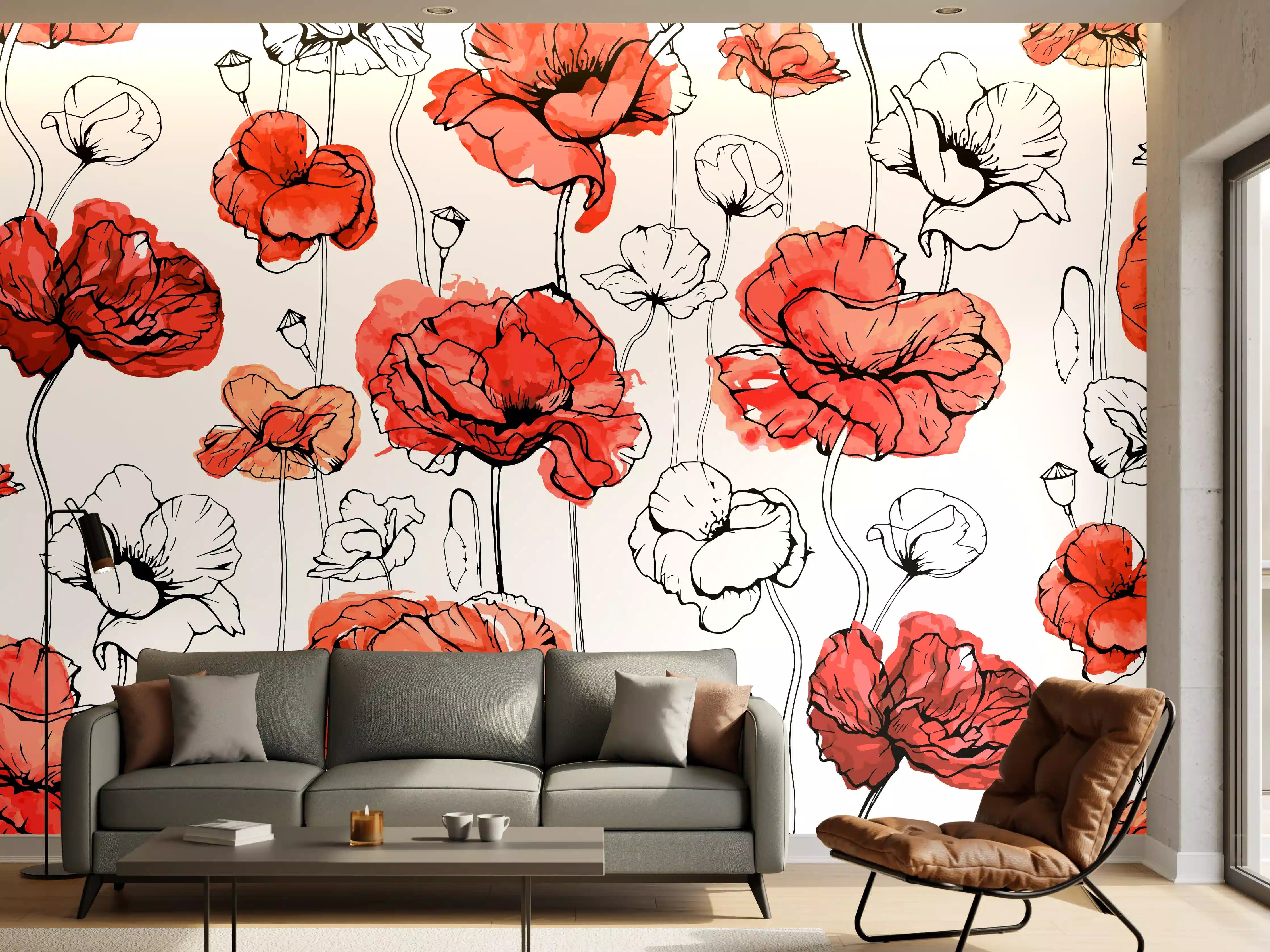 Wandverkleidung Wohnzimmer - Leuchtende Rotblütige Mohnblumen