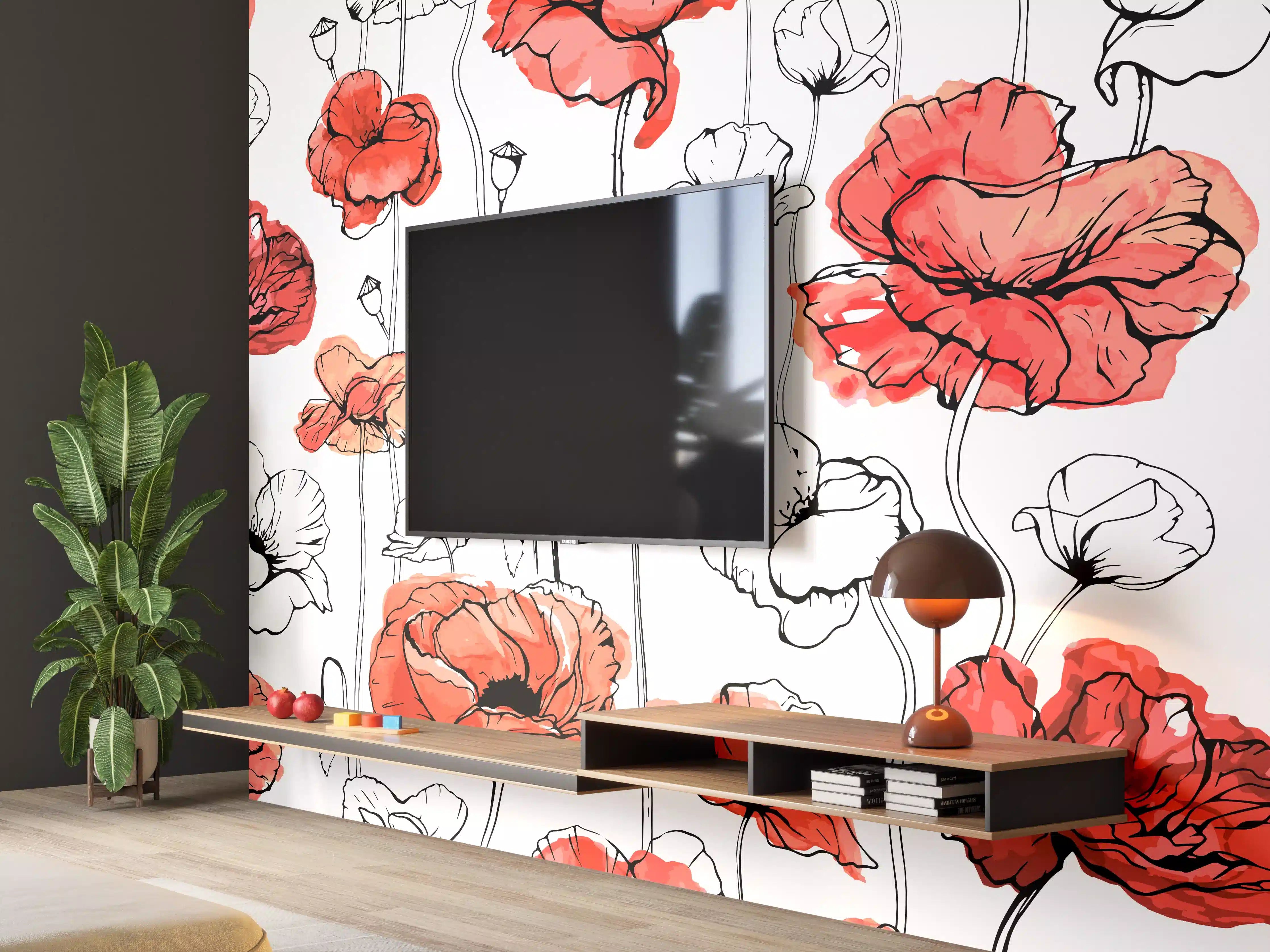 Wandverkleidung Wohnzimmer - Leuchtende Rotblütige Mohnblumen