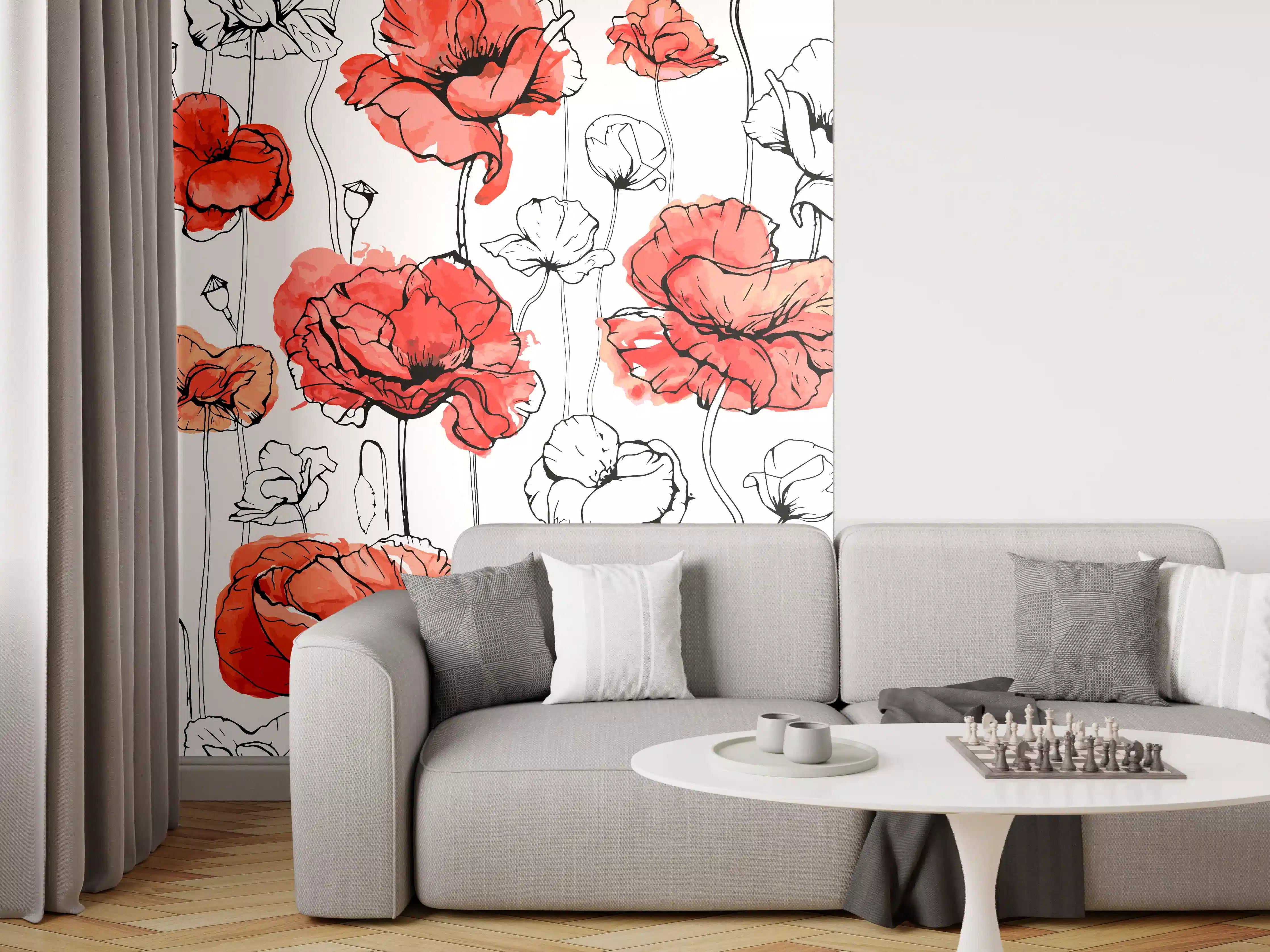 Wandverkleidung Wohnzimmer - Leuchtende Rotblütige Mohnblumen