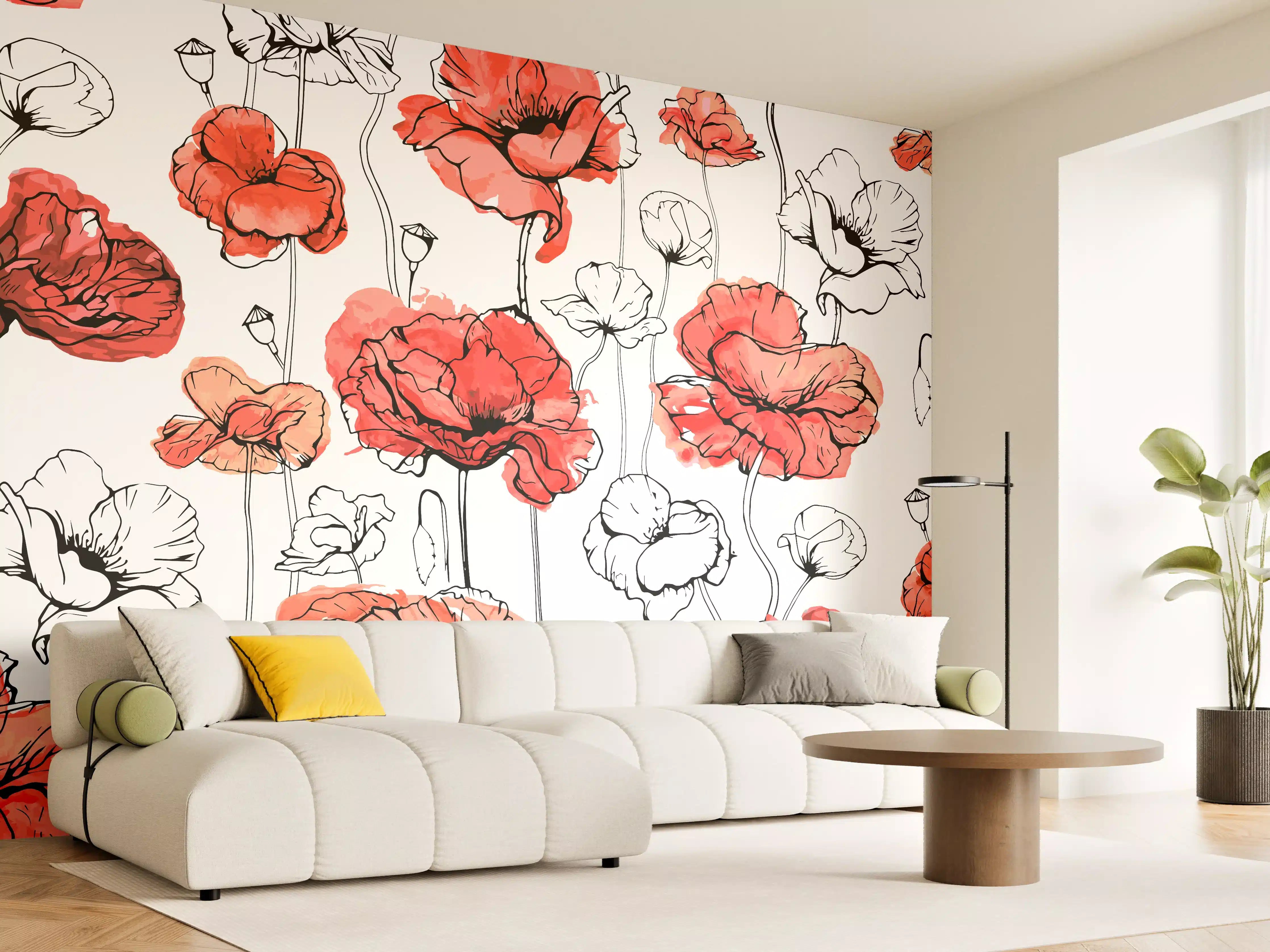 Wandverkleidung Wohnzimmer - Leuchtende Rotblütige Mohnblumen
