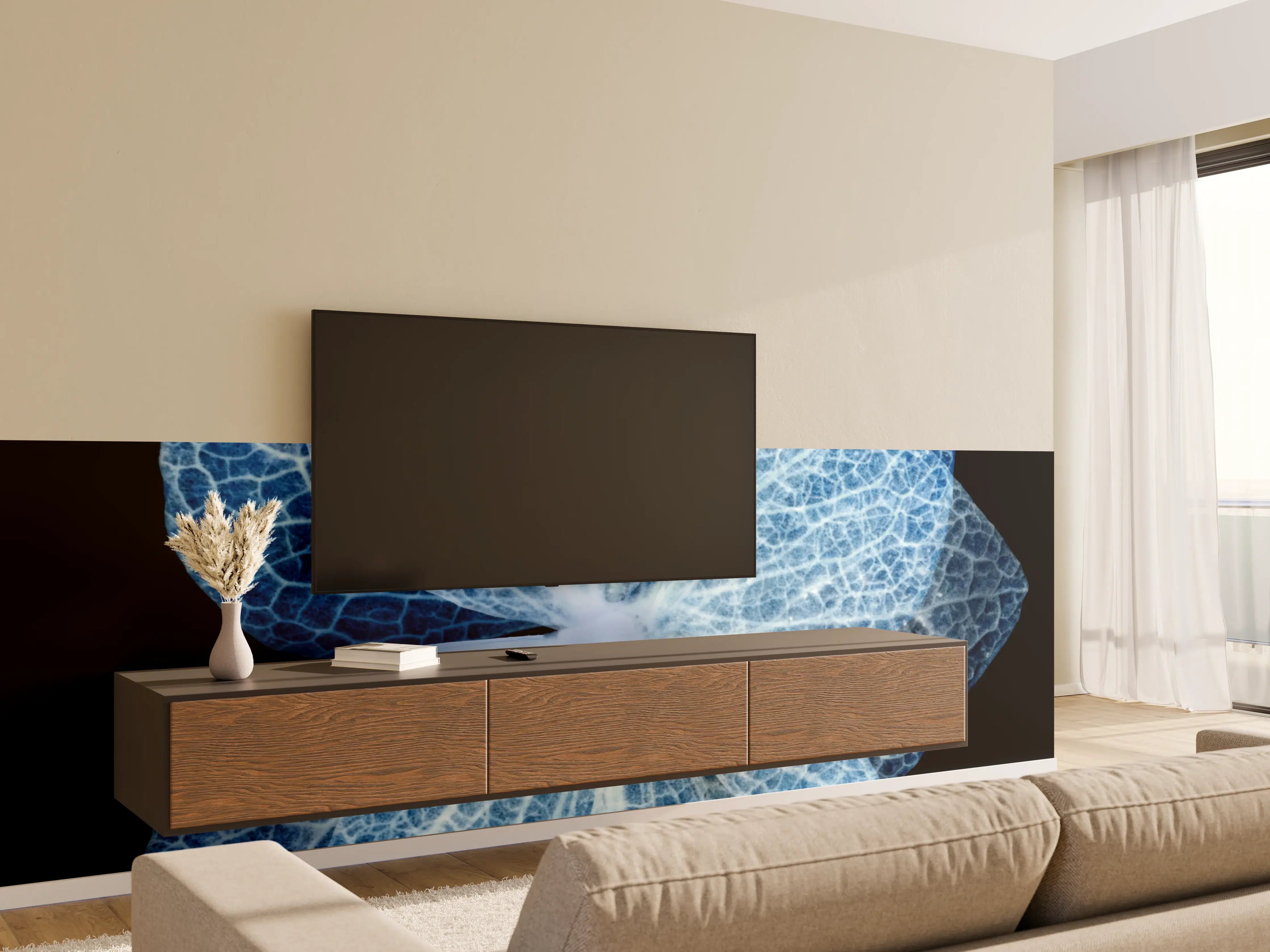 Wandverkleidung Wohnzimmer - Leuchtende blaue Hortensie auf Schwarz