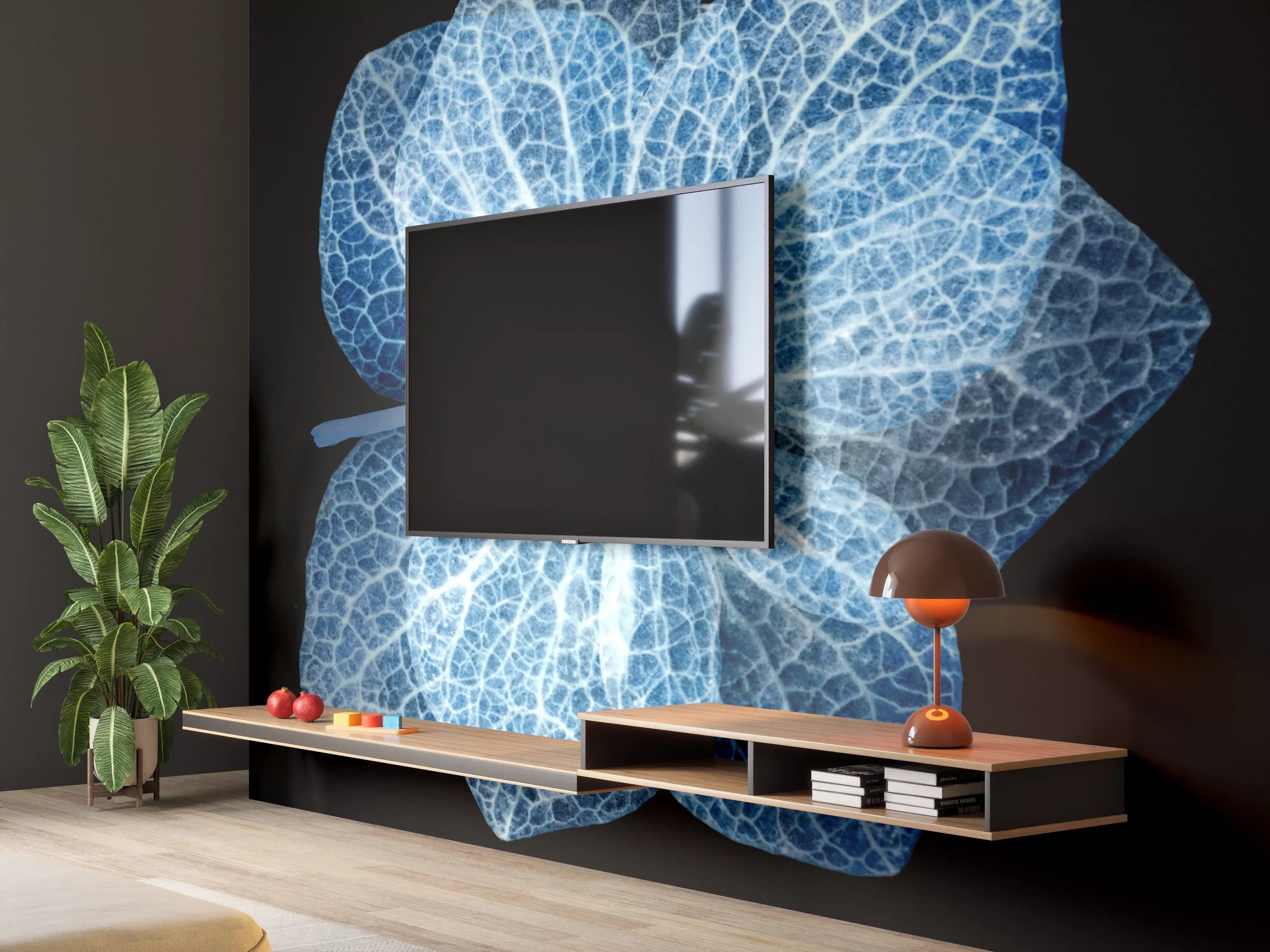 Wandverkleidung Wohnzimmer - Leuchtende blaue Hortensie auf Schwarz