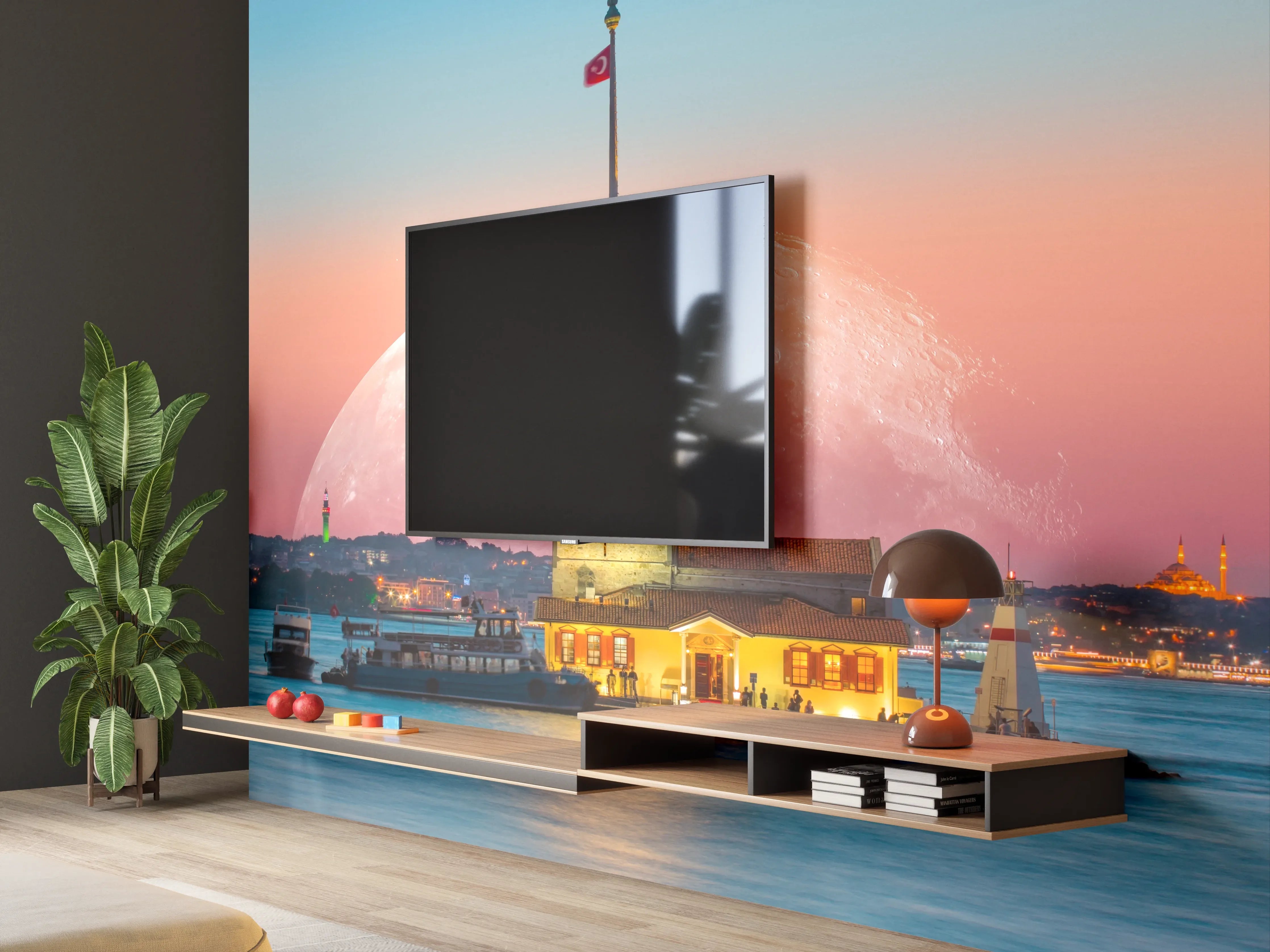 Wandverkleidung Wohnzimmer - Leuchtender Leuchtturm vor Vollmond bei Sonnenuntergang