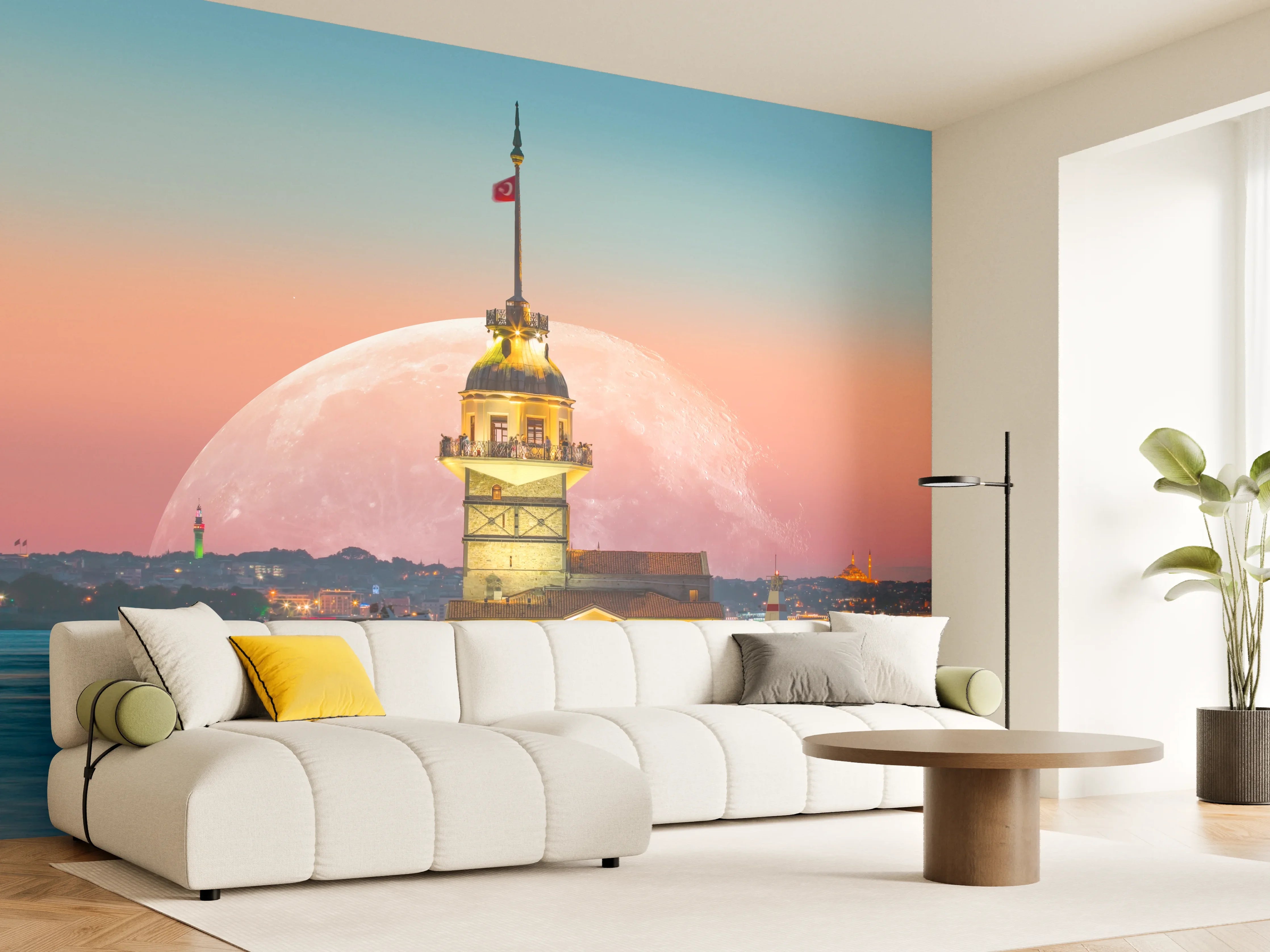 Wandverkleidung Wohnzimmer - Leuchtender Leuchtturm vor Vollmond bei Sonnenuntergang