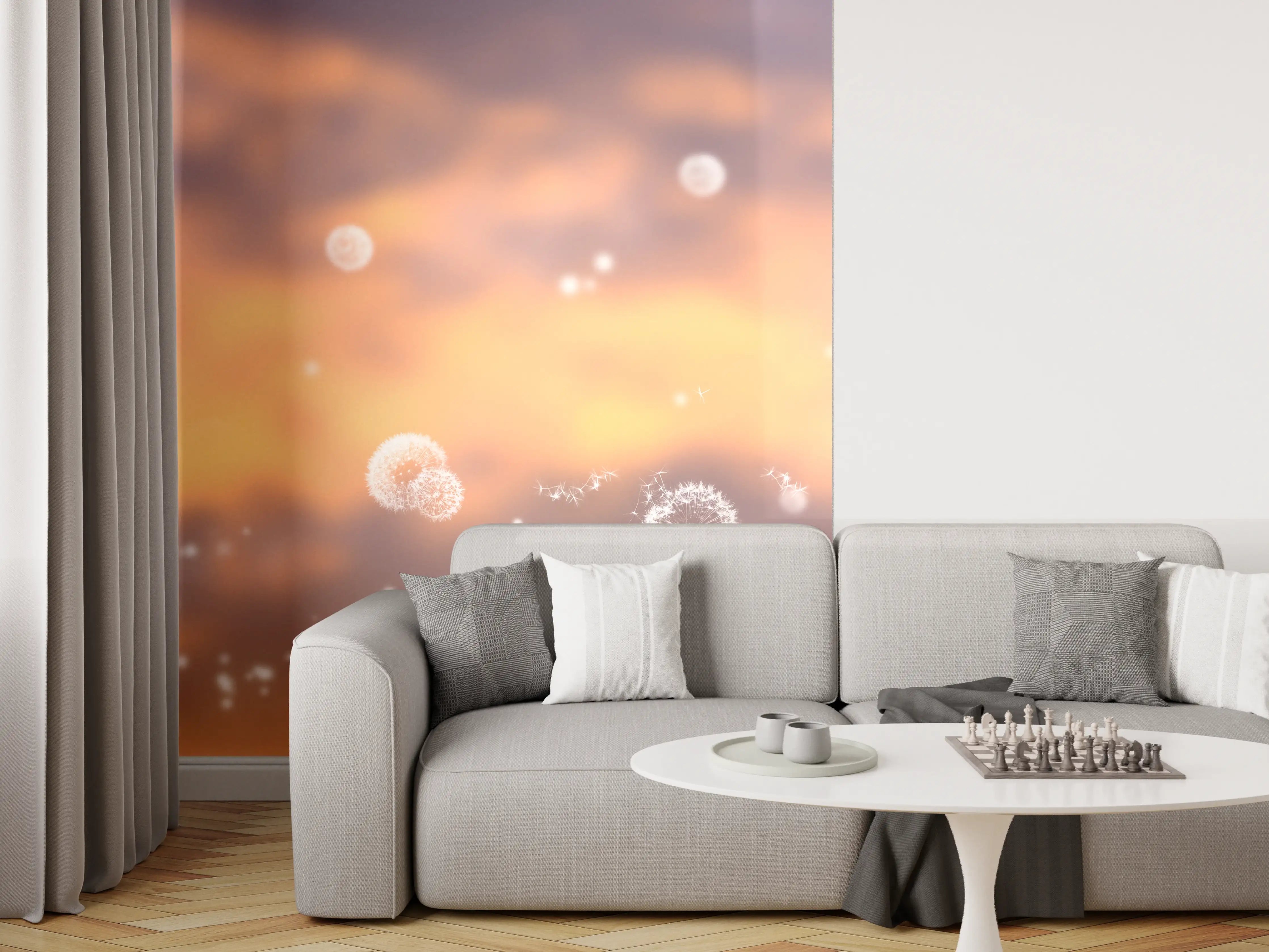 Wandverkleidung Wohnzimmer - Leuchtender Löwenzahn vor Sonnenuntergang