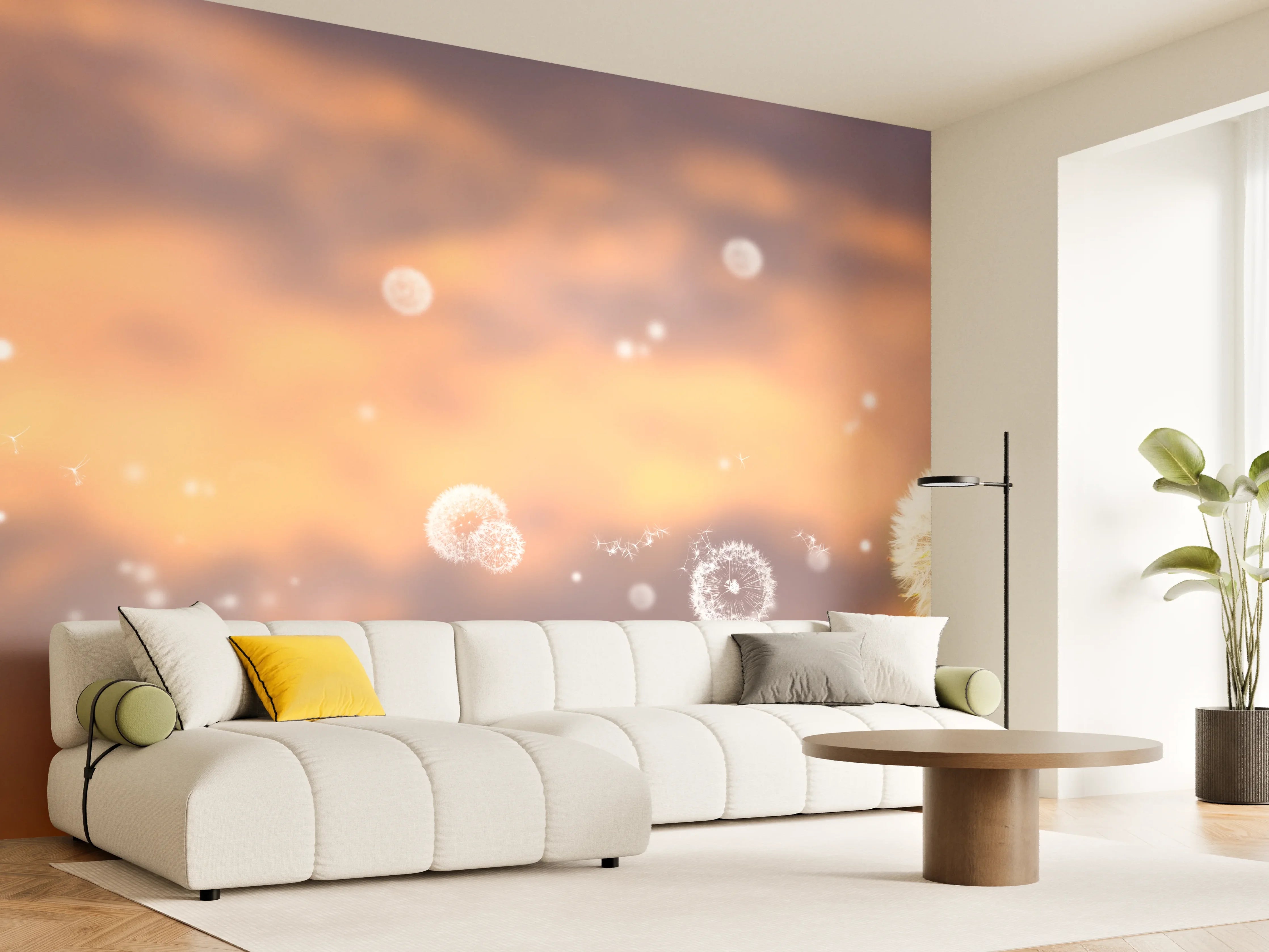 Wandverkleidung Wohnzimmer - Leuchtender Löwenzahn vor Sonnenuntergang