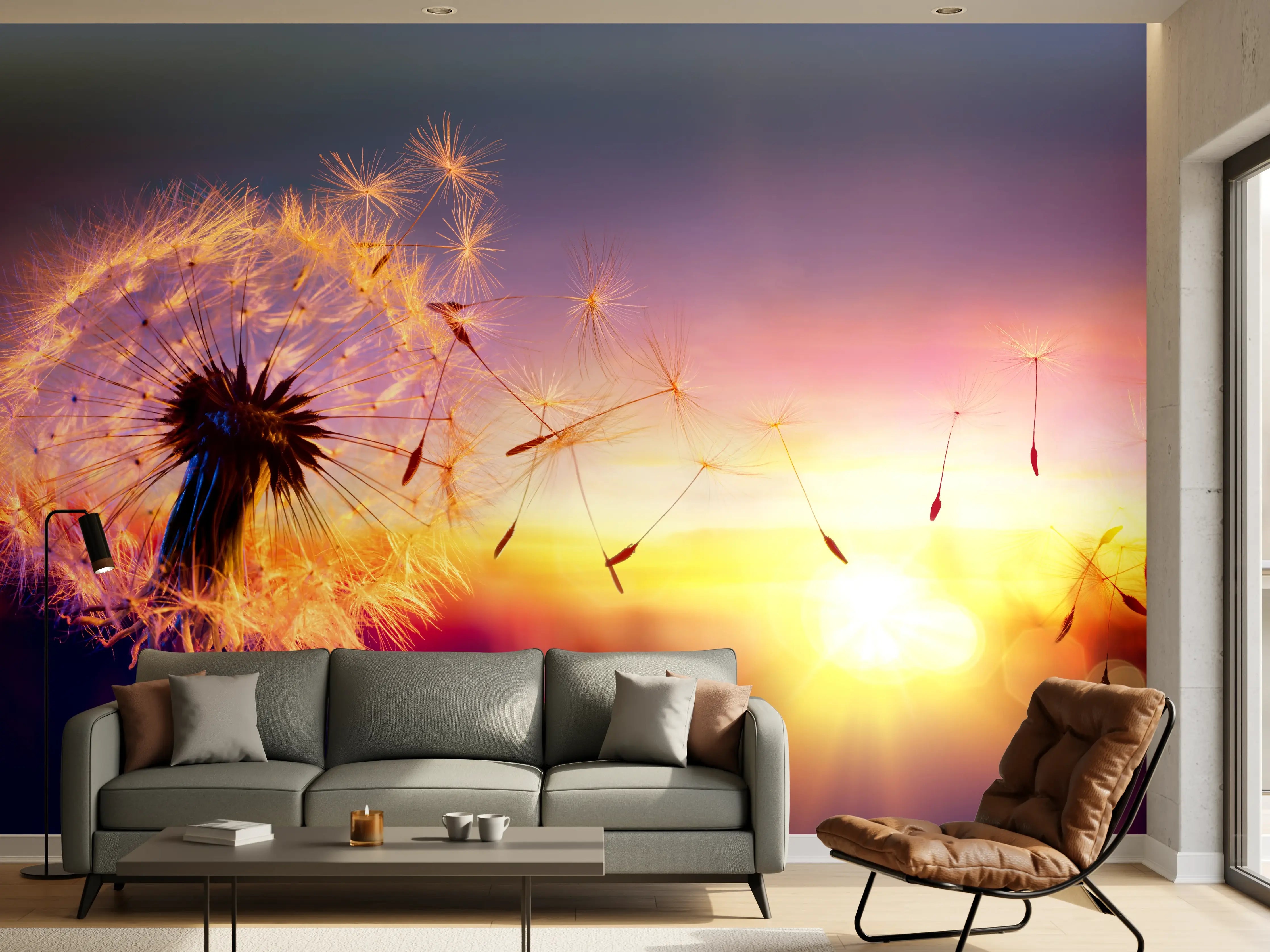 Wandverkleidung Wohnzimmer - Leuchtender Pusteblumen-Sonnenuntergang