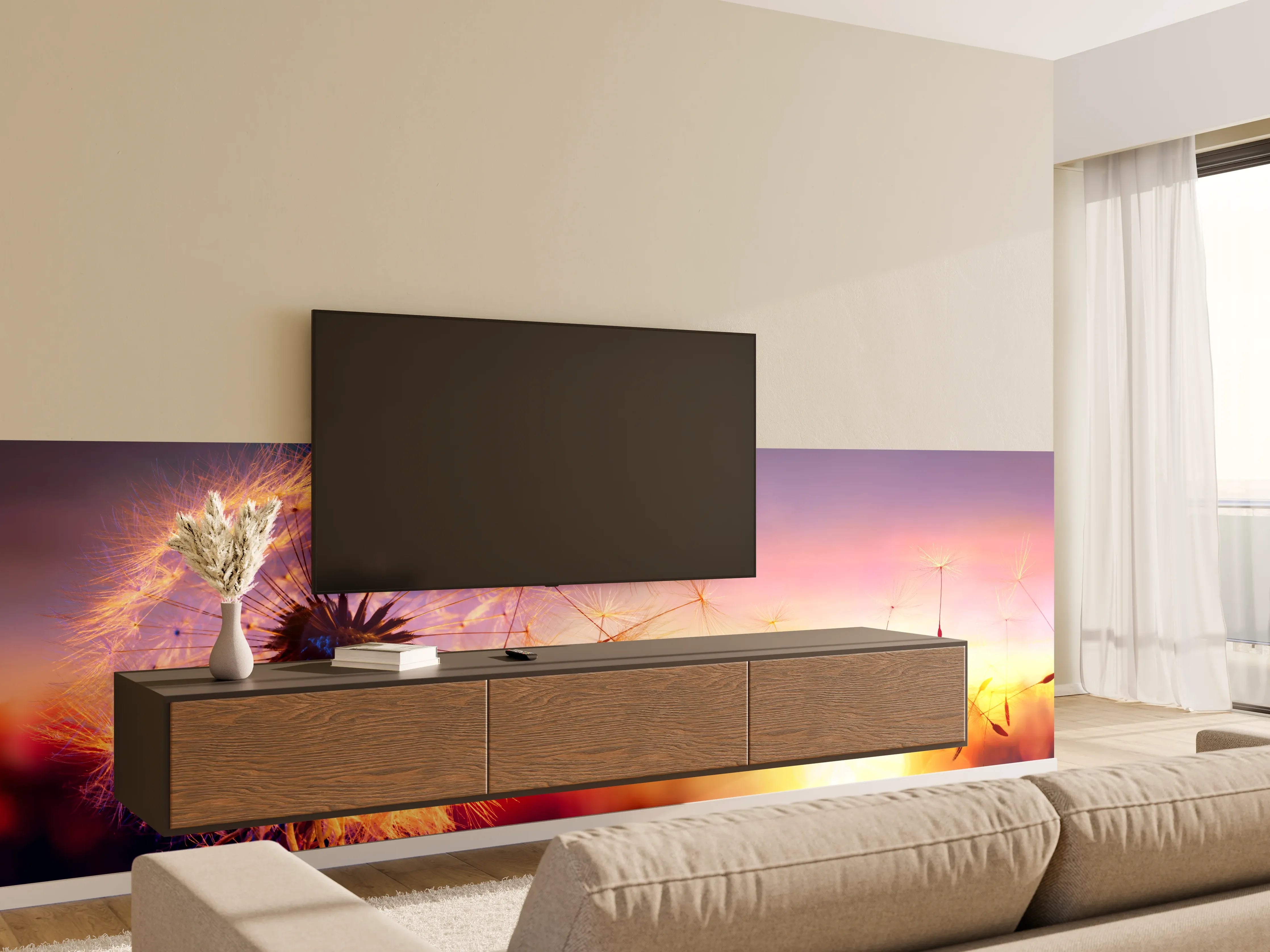 Wandverkleidung Wohnzimmer - Leuchtender Pusteblumen-Sonnenuntergang