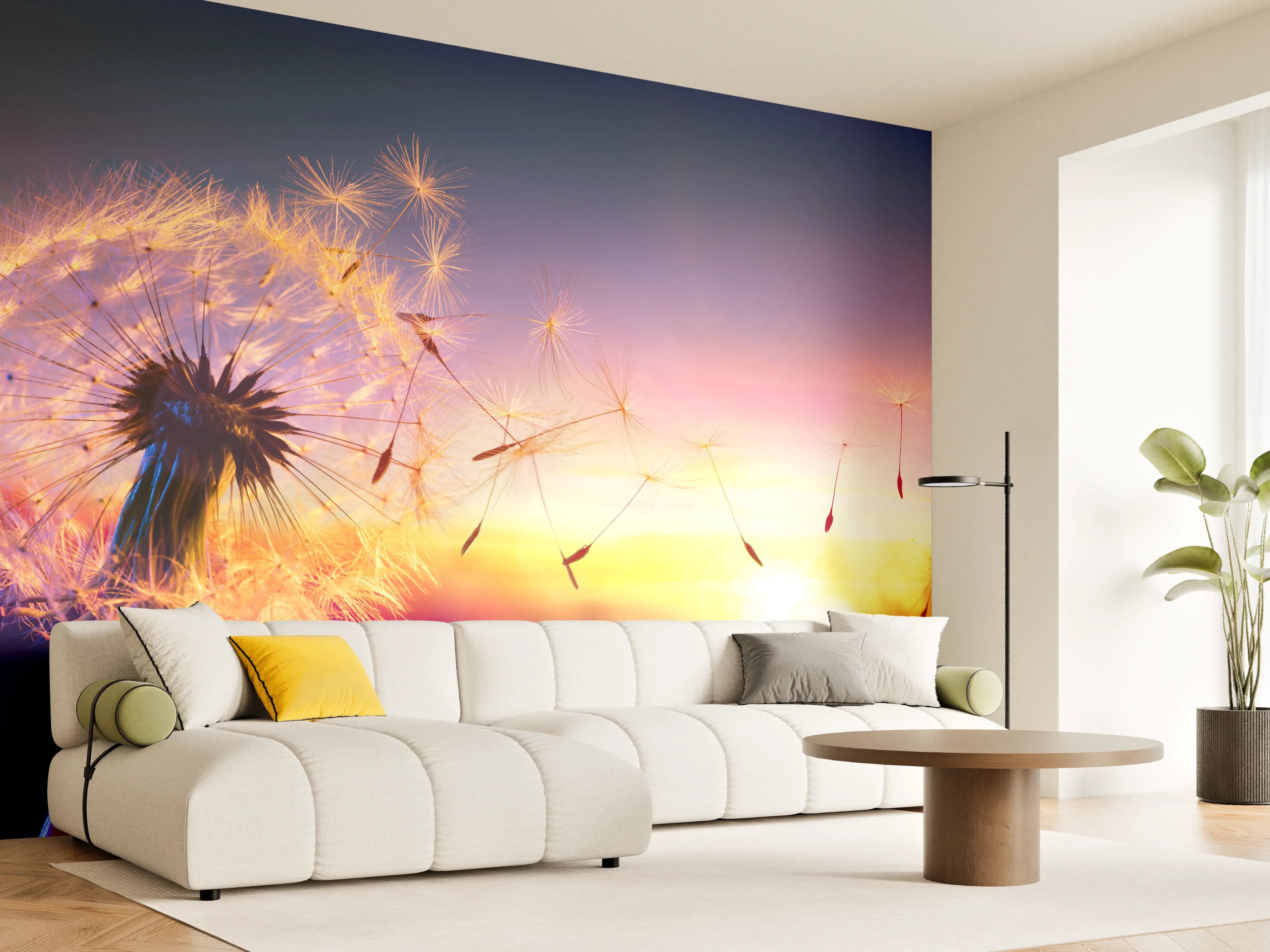Wandverkleidung Wohnzimmer - Leuchtender Pusteblumen-Sonnenuntergang