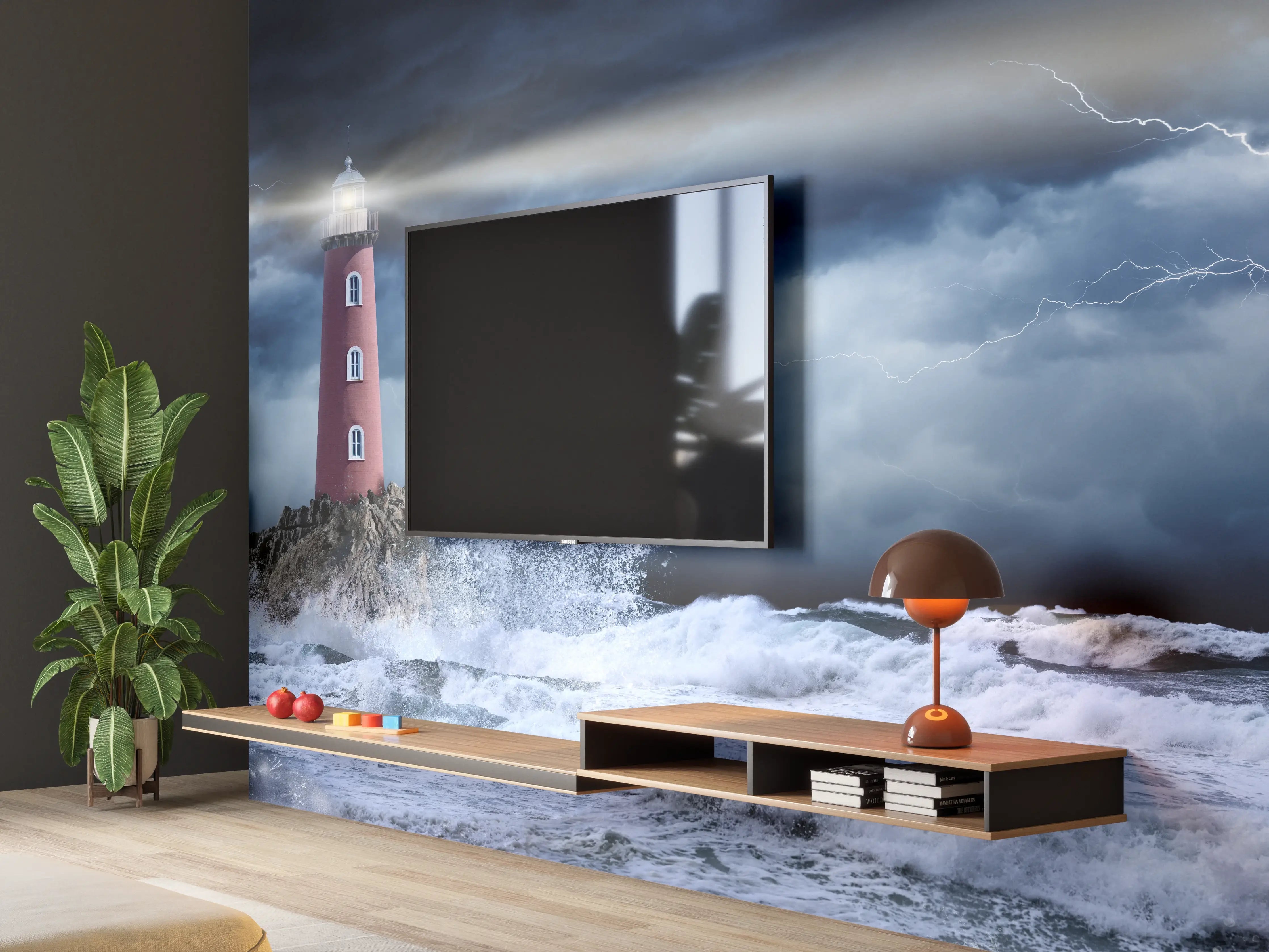 Wandverkleidung Wohnzimmer - Leuchtturm Stürmisch