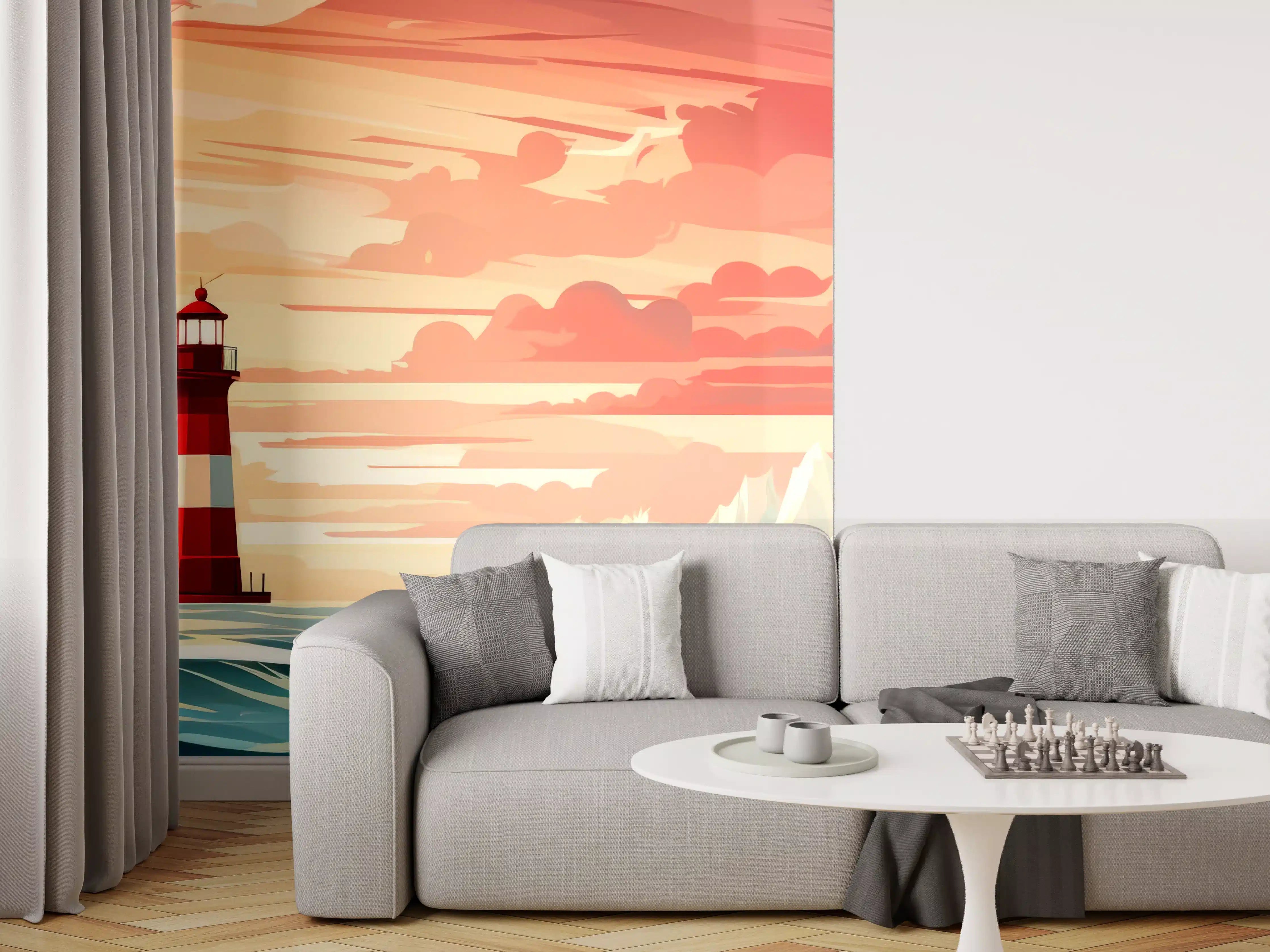Wandverkleidung Wohnzimmer - Leuchtturm am Sonnenuntergang