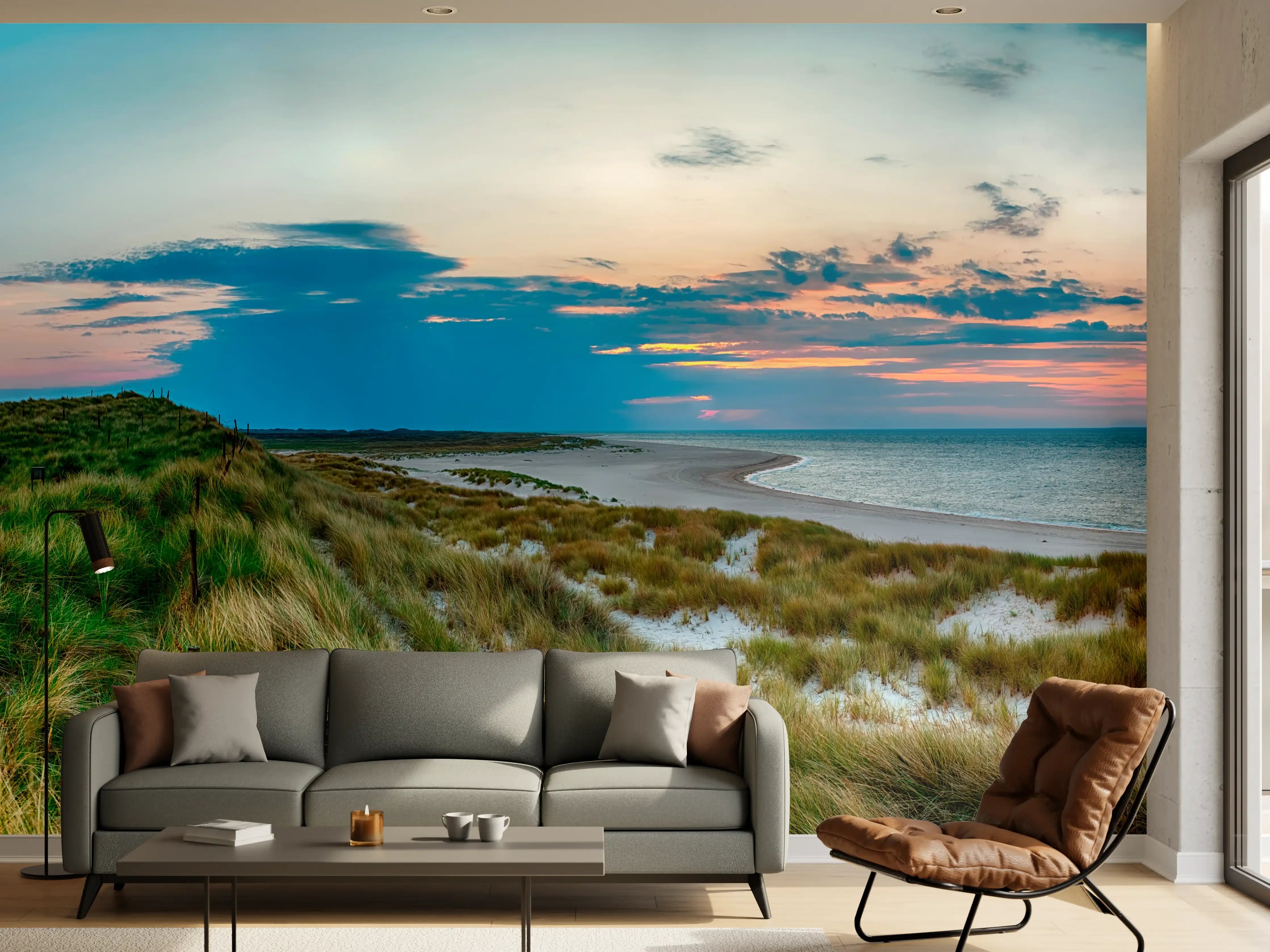Wandverkleidung Wohnzimmer - Leuchtturm am Strand bei Sonnenuntergang