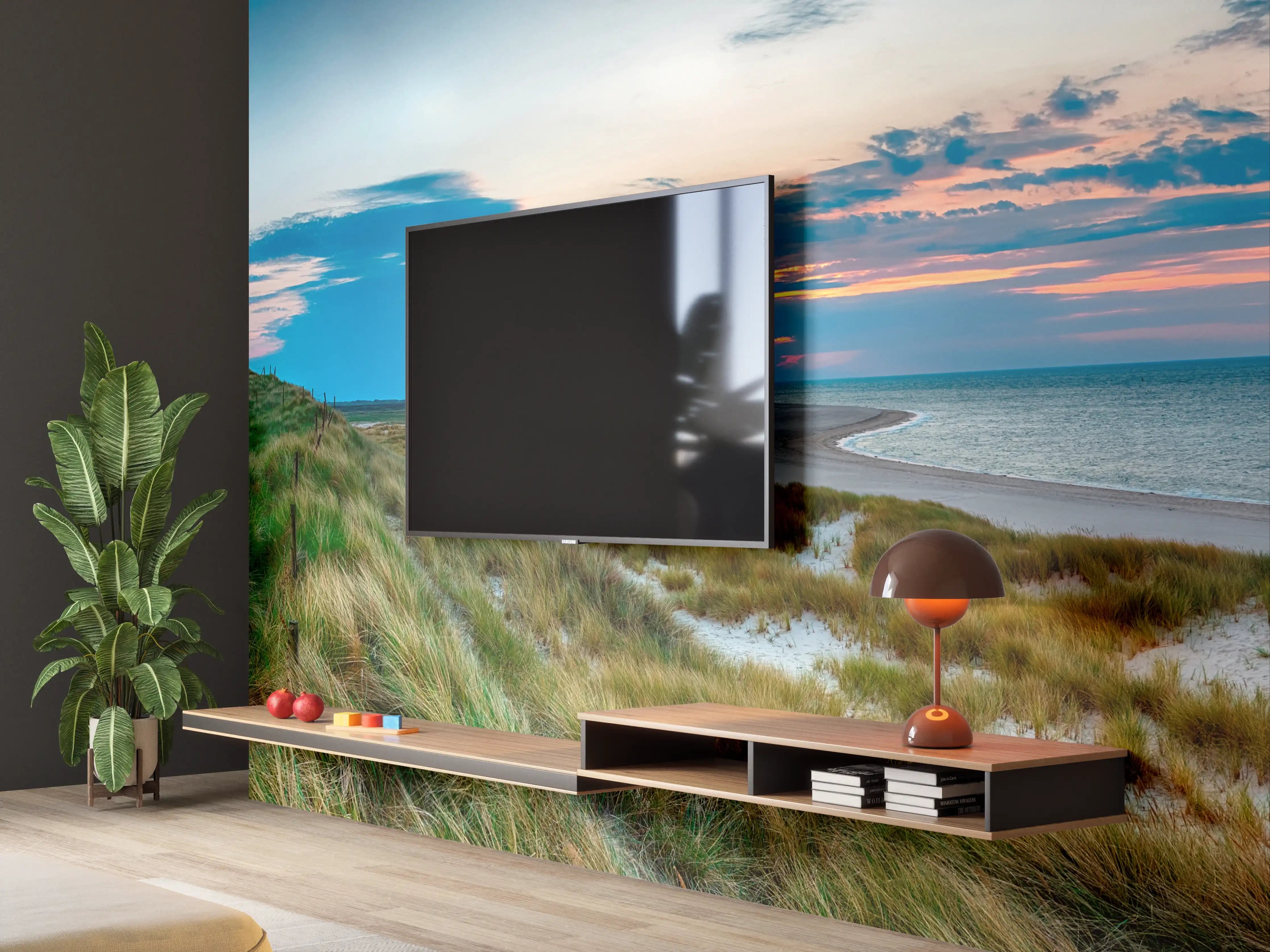 Wandverkleidung Wohnzimmer - Leuchtturm am Strand bei Sonnenuntergang
