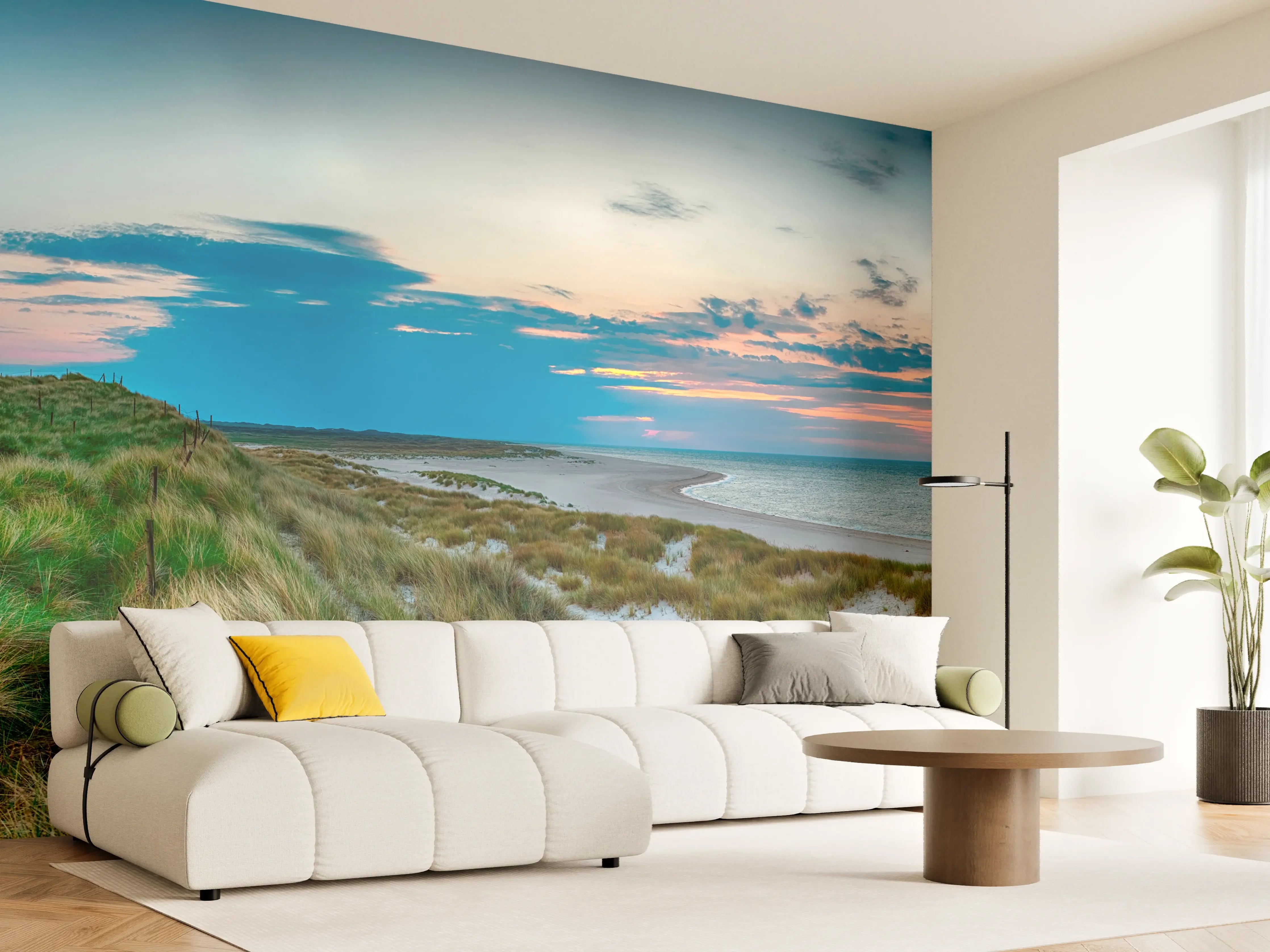 Wandverkleidung Wohnzimmer - Leuchtturm am Strand bei Sonnenuntergang