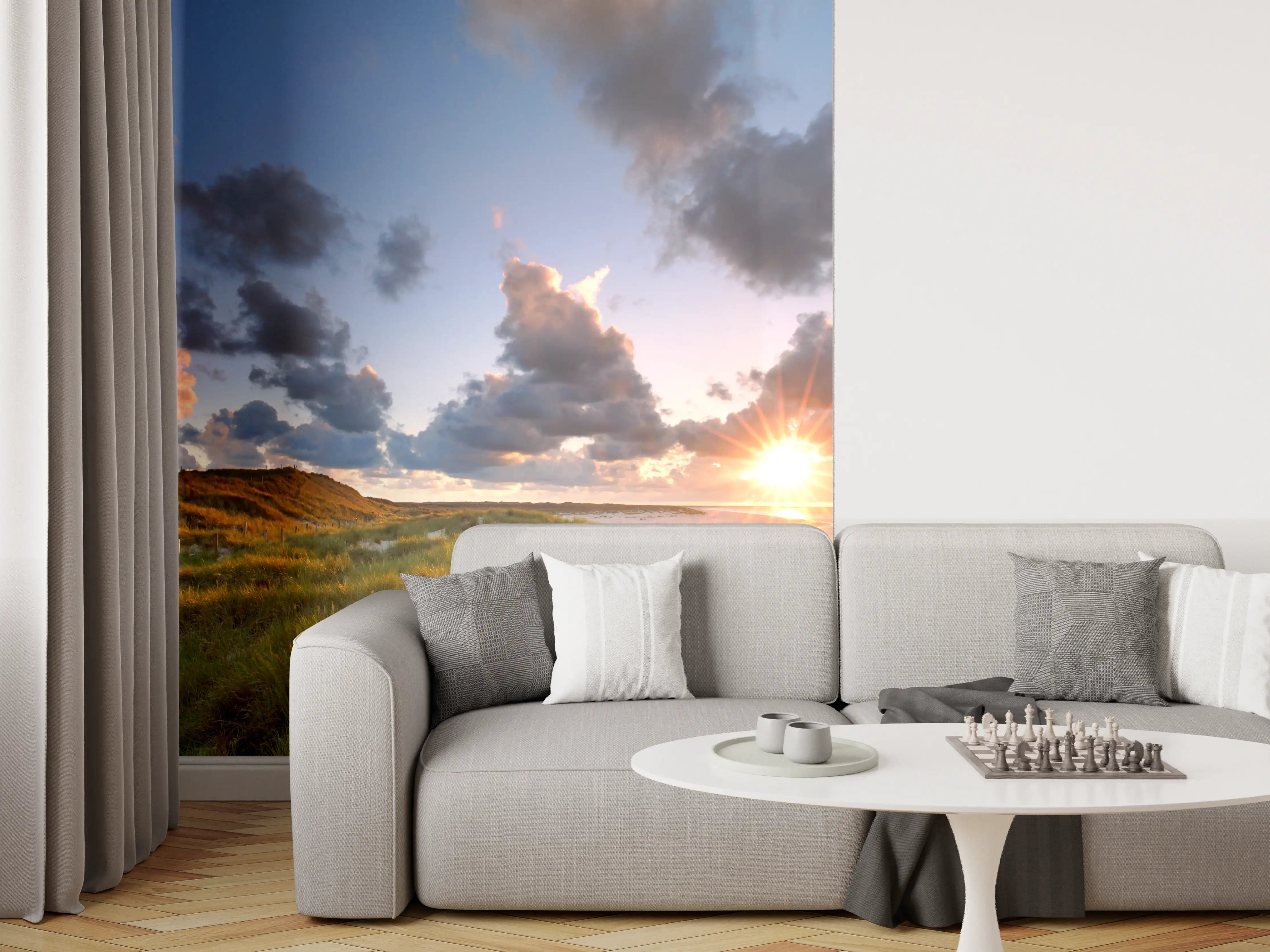 Wandverkleidung Wohnzimmer - Leuchtturm bei Sonnenuntergang an der Nordsee