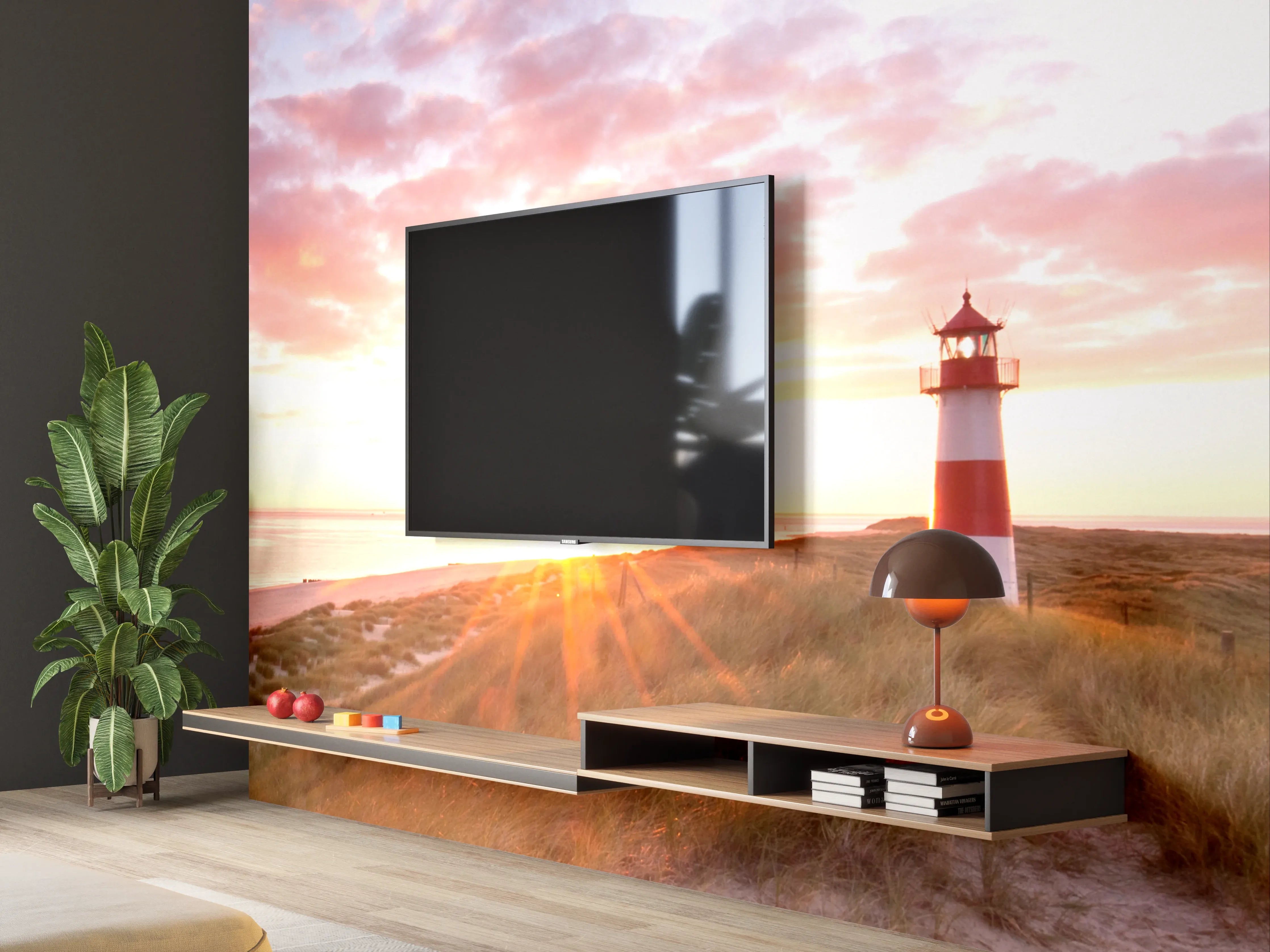 Wandverkleidung Wohnzimmer - Leuchtturm im Dämmergrau am Meeresstrand