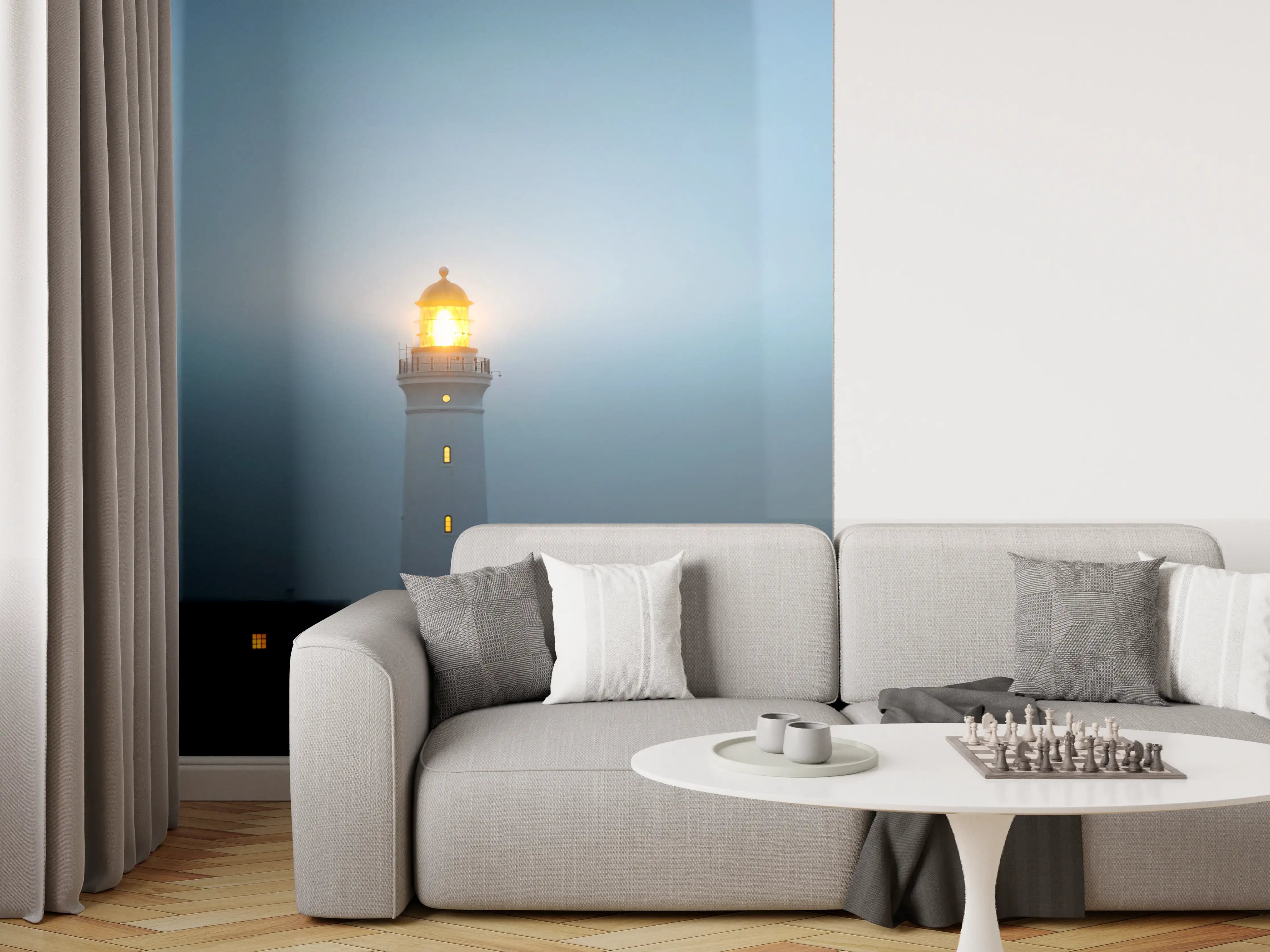 Wandverkleidung Wohnzimmer - Leuchtturm im dunkeln