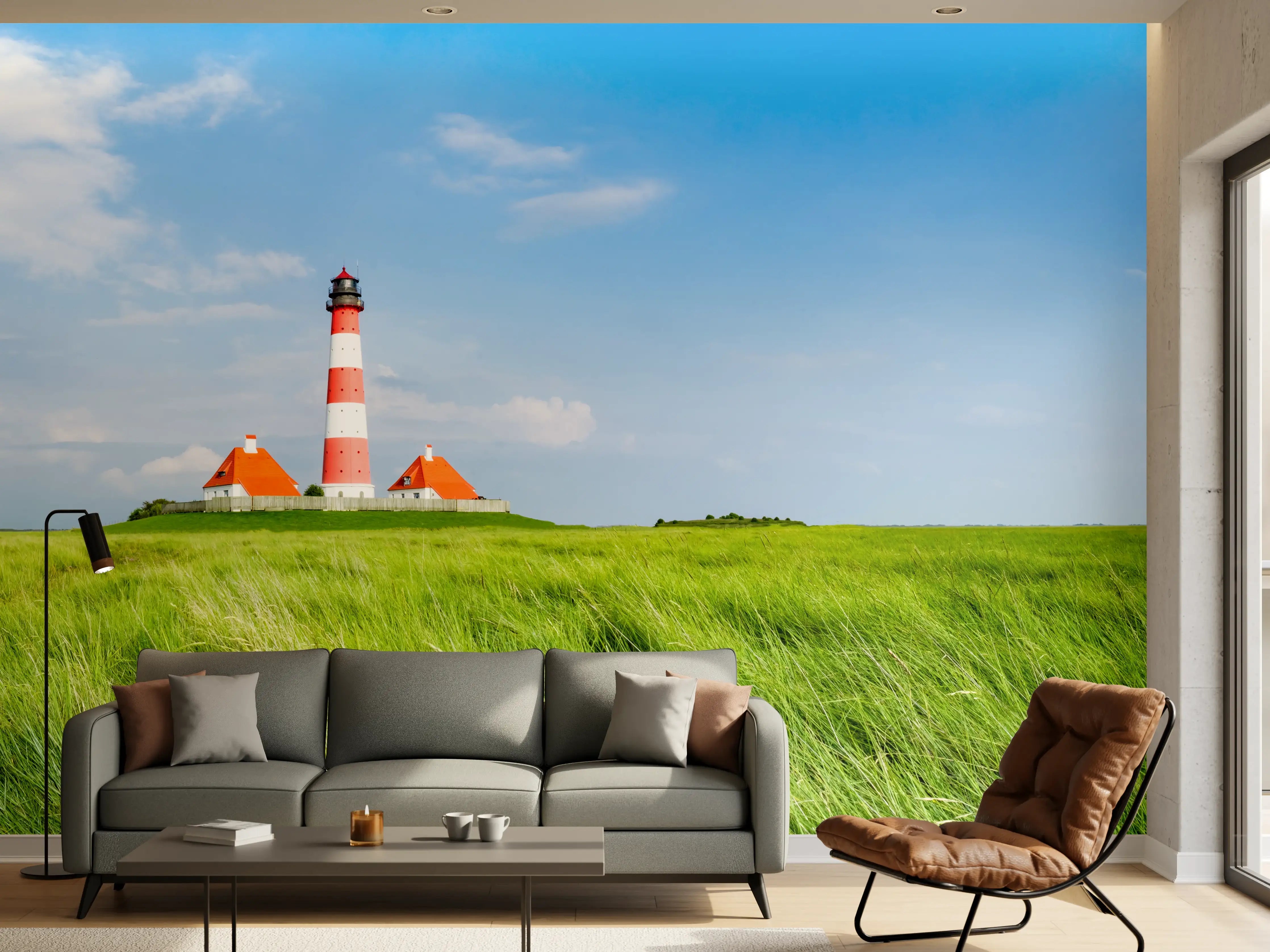 Wandverkleidung Wohnzimmer - Leuchtturm in der grünen Landschaft