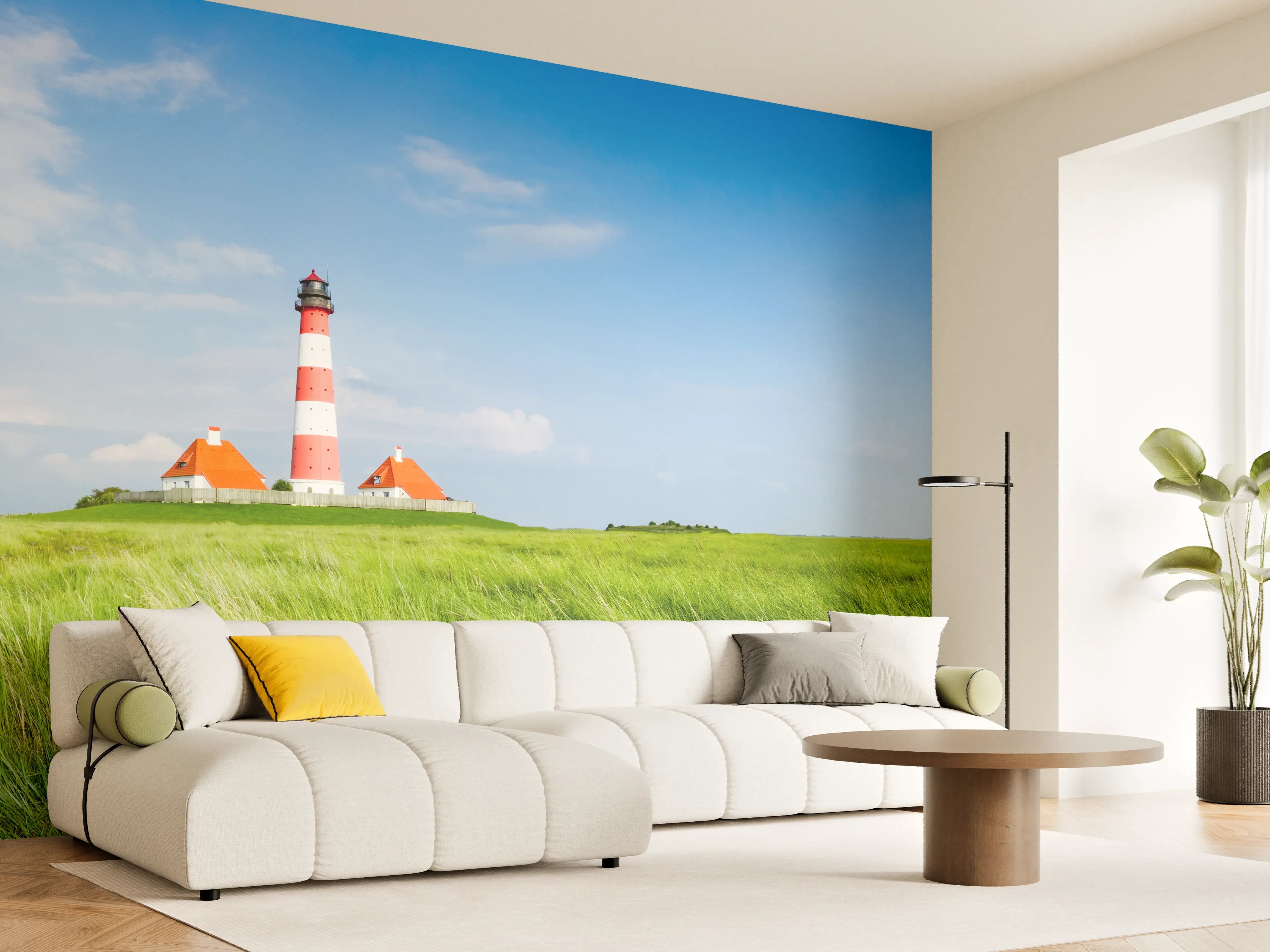 Wandverkleidung Wohnzimmer - Leuchtturm in der grünen Landschaft