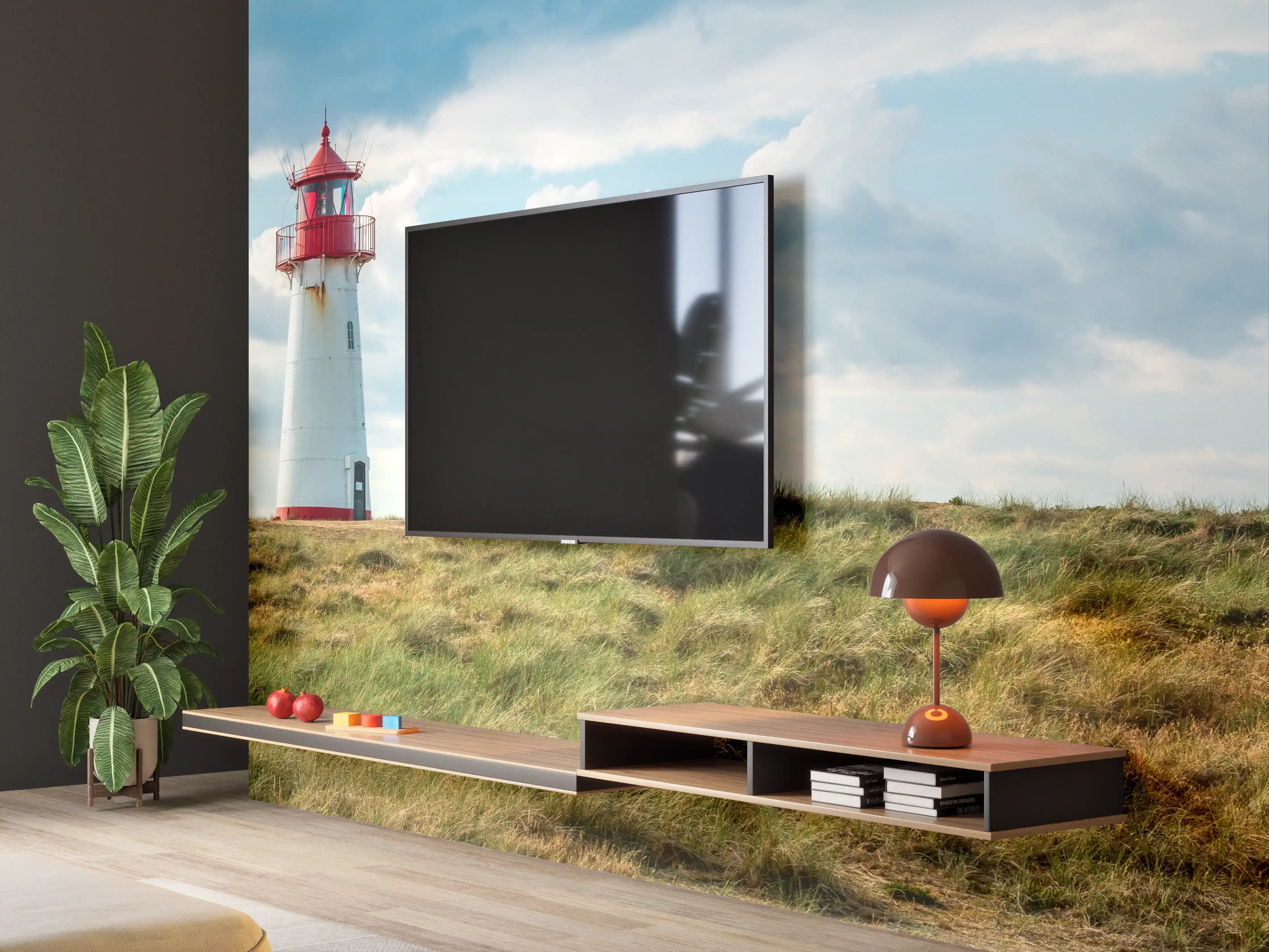 Wandverkleidung Wohnzimmer - Leuchtturm vor dramatischem Himmel