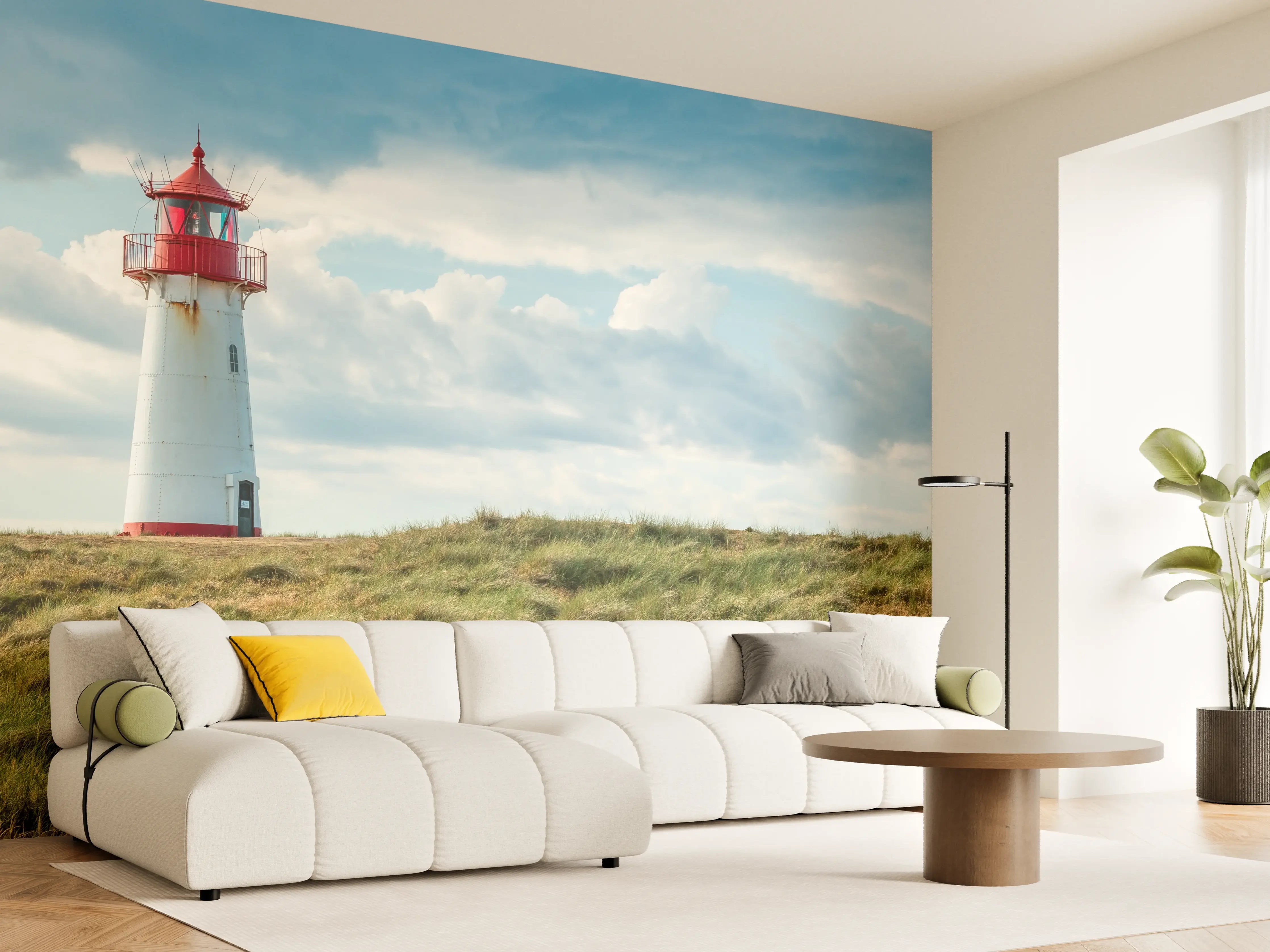 Wandverkleidung Wohnzimmer - Leuchtturm vor dramatischem Himmel