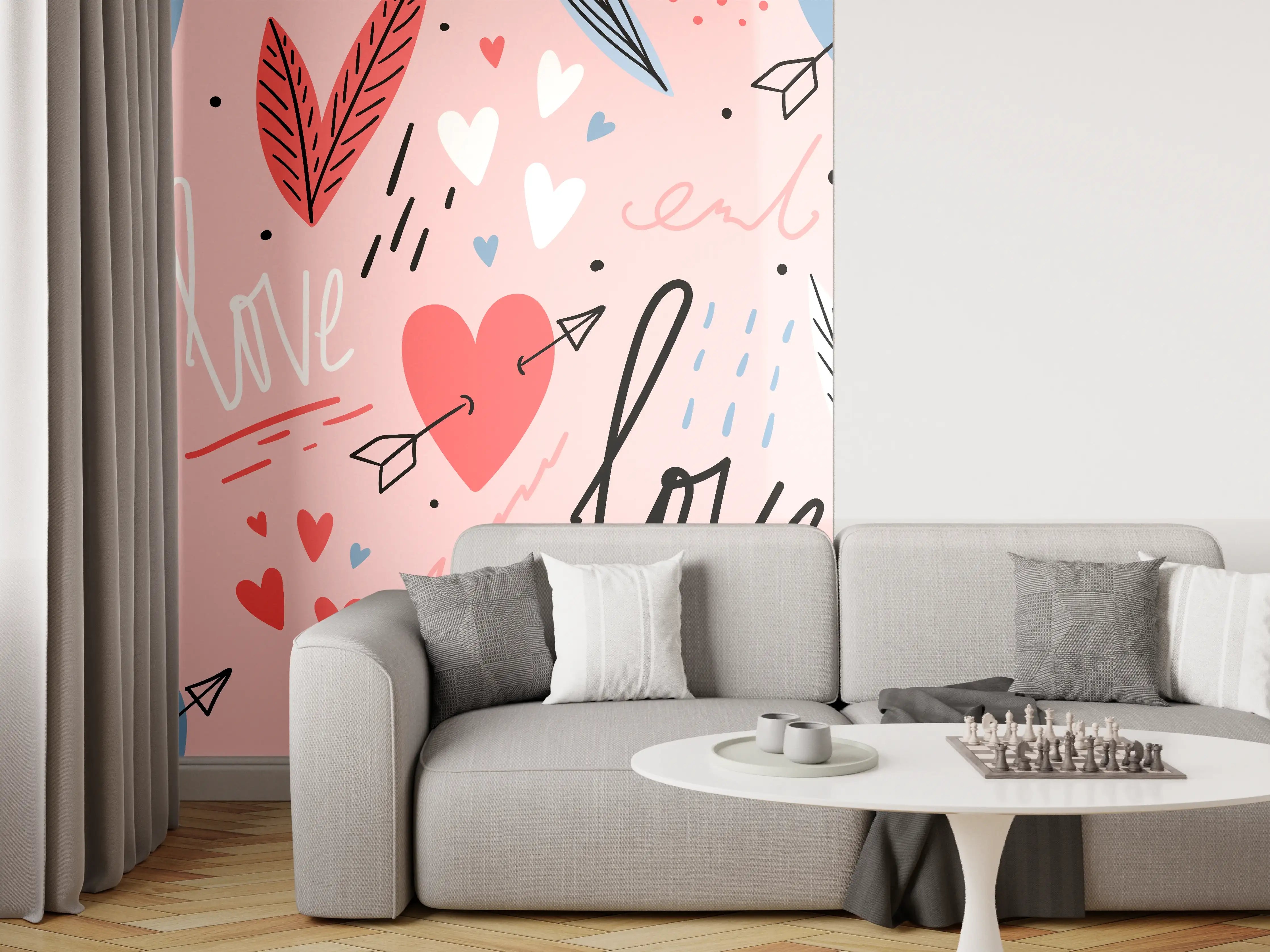 Wandverkleidung Wohnzimmer - Liebevolle Herzen und Blumen Muster