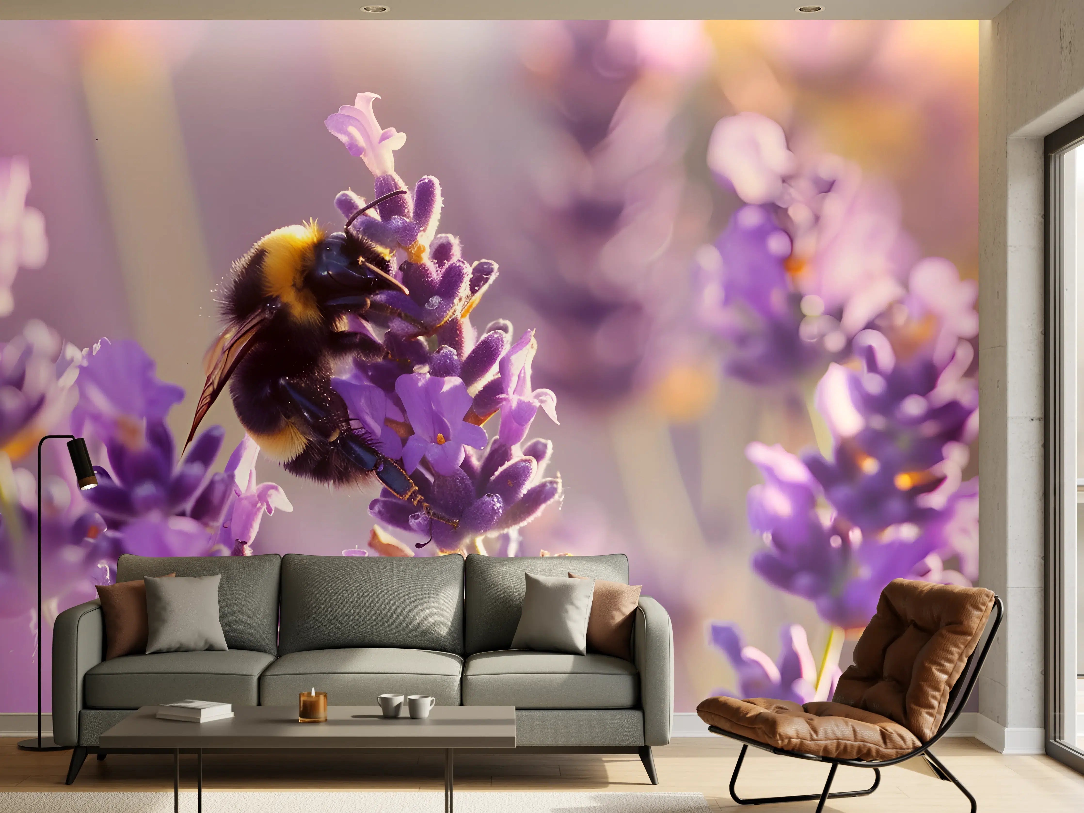 Wandverkleidung Wohnzimmer - Lila Lavendel mit Hummel