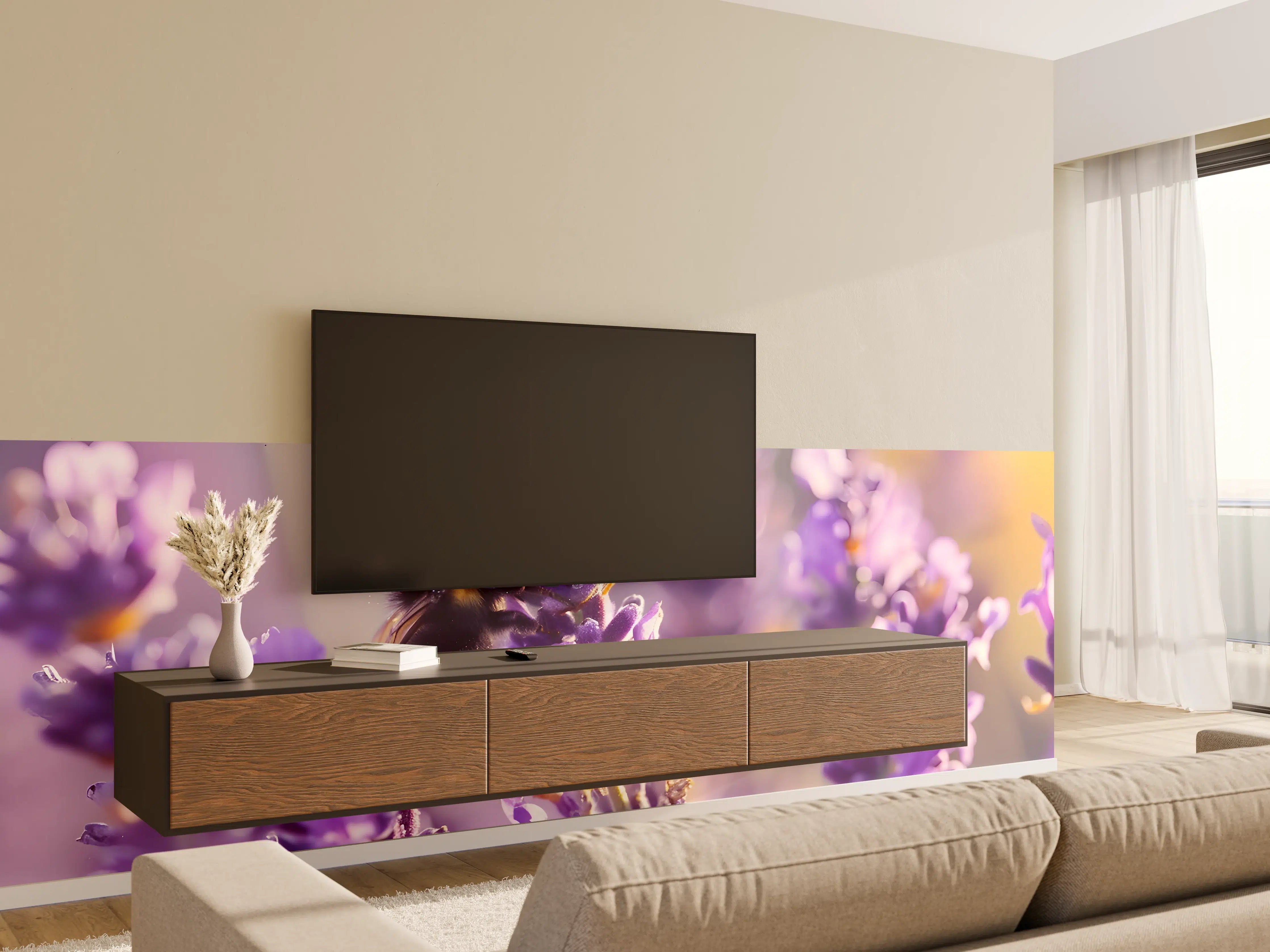 Wandverkleidung Wohnzimmer - Lila Lavendel mit Hummel