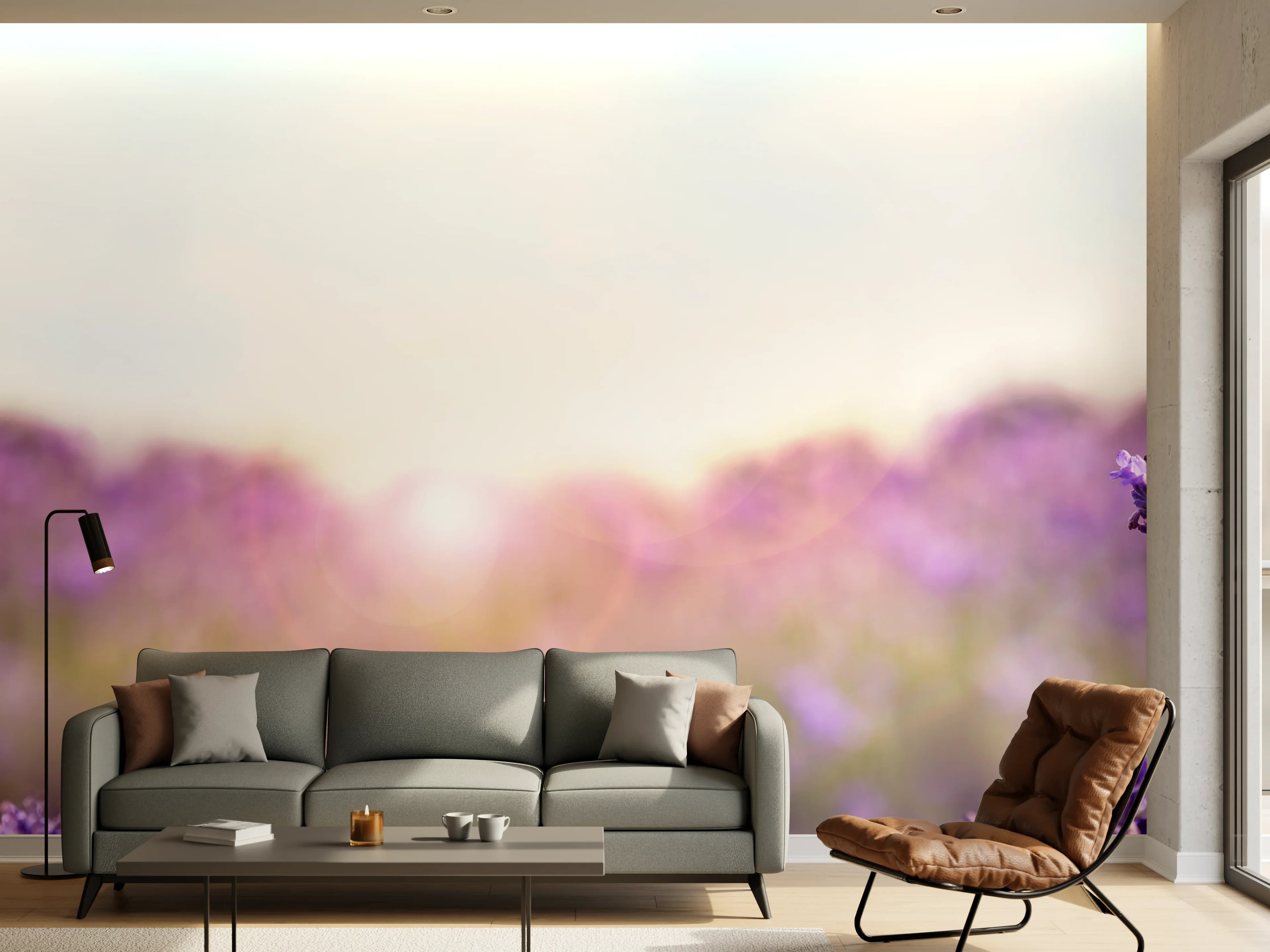 Wandverkleidung Wohnzimmer - Lila Lavendelfeld im Morgenlicht