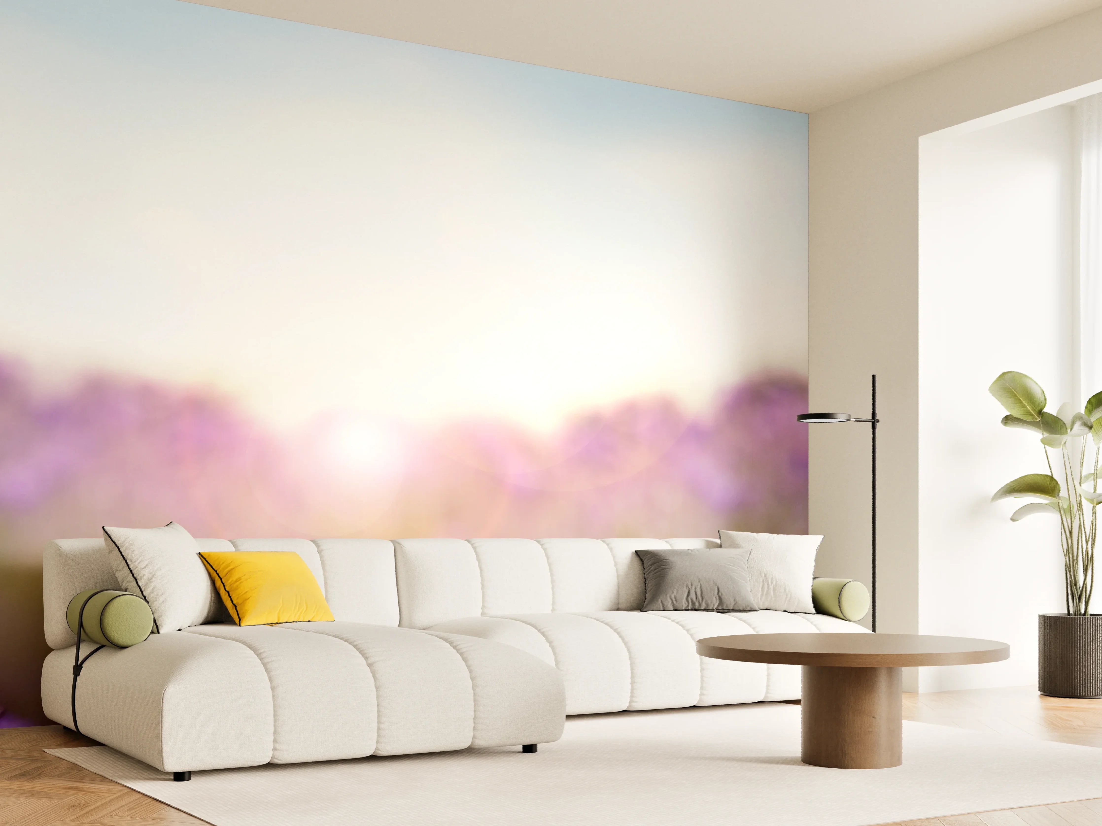 Wandverkleidung Wohnzimmer - Lila Lavendelfeld im Morgenlicht