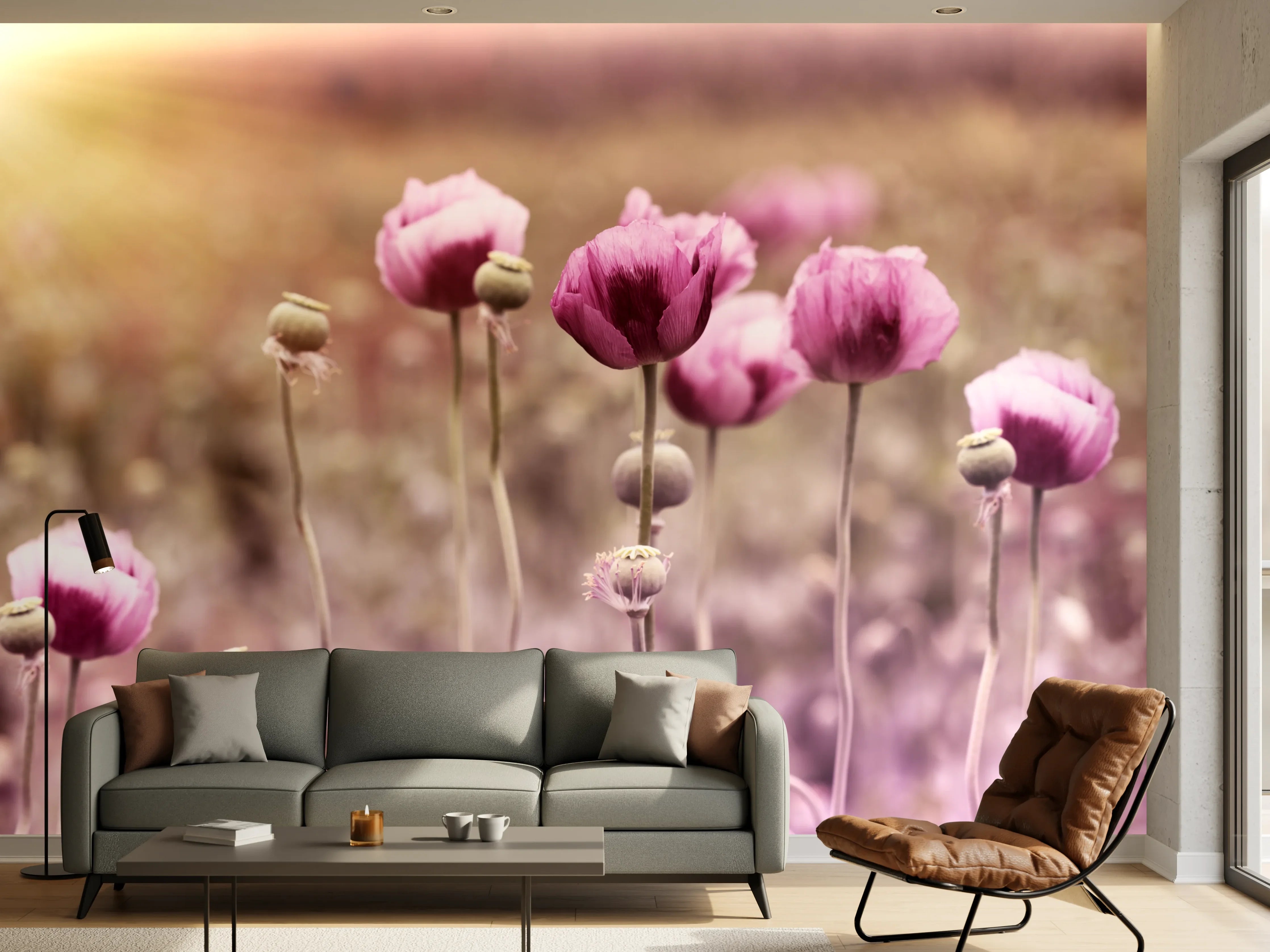 Wandverkleidung Wohnzimmer - Lila Mohnblume