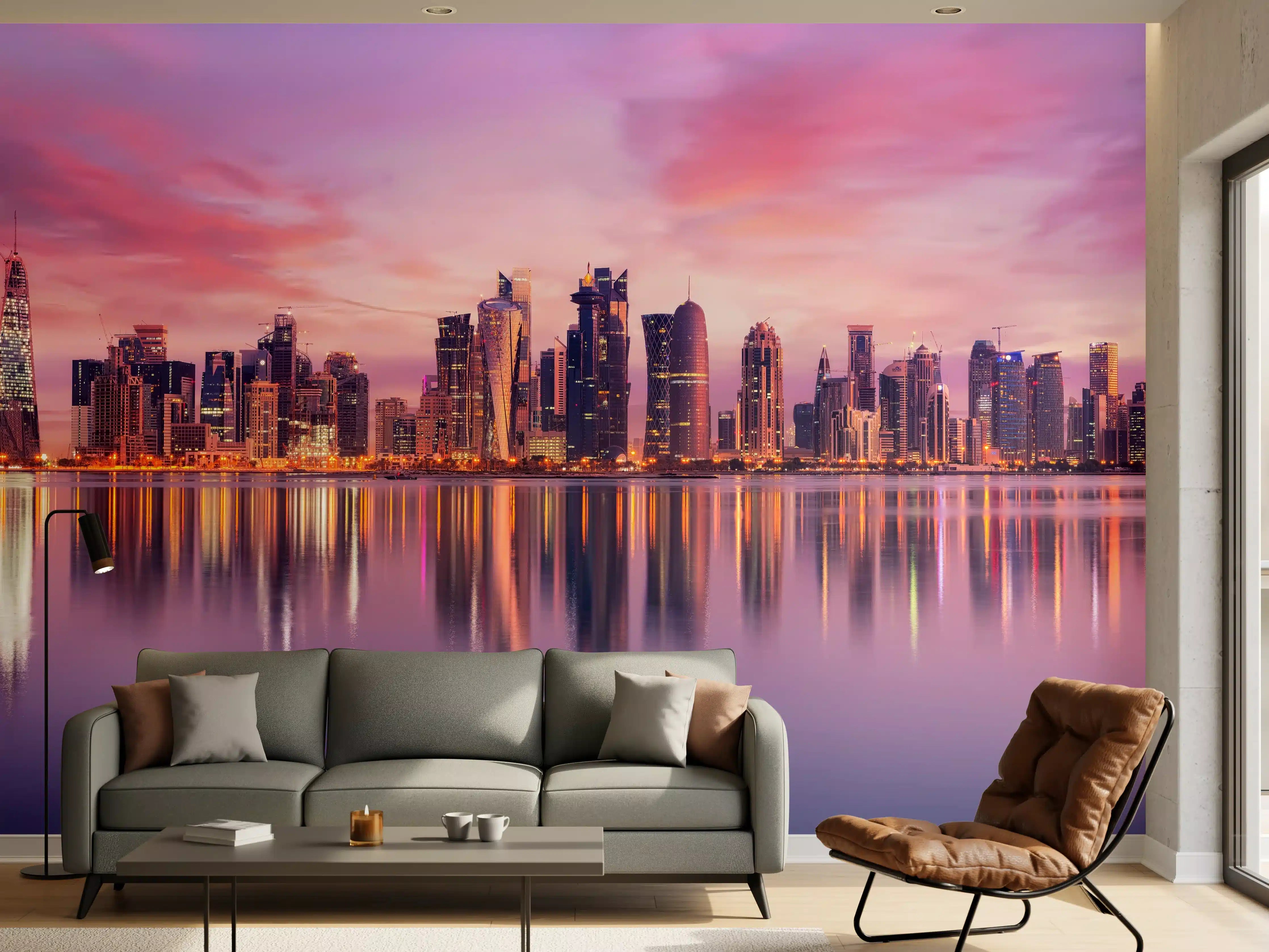Wandverkleidung Wohnzimmer - Lila-Pink Skyline Panorama