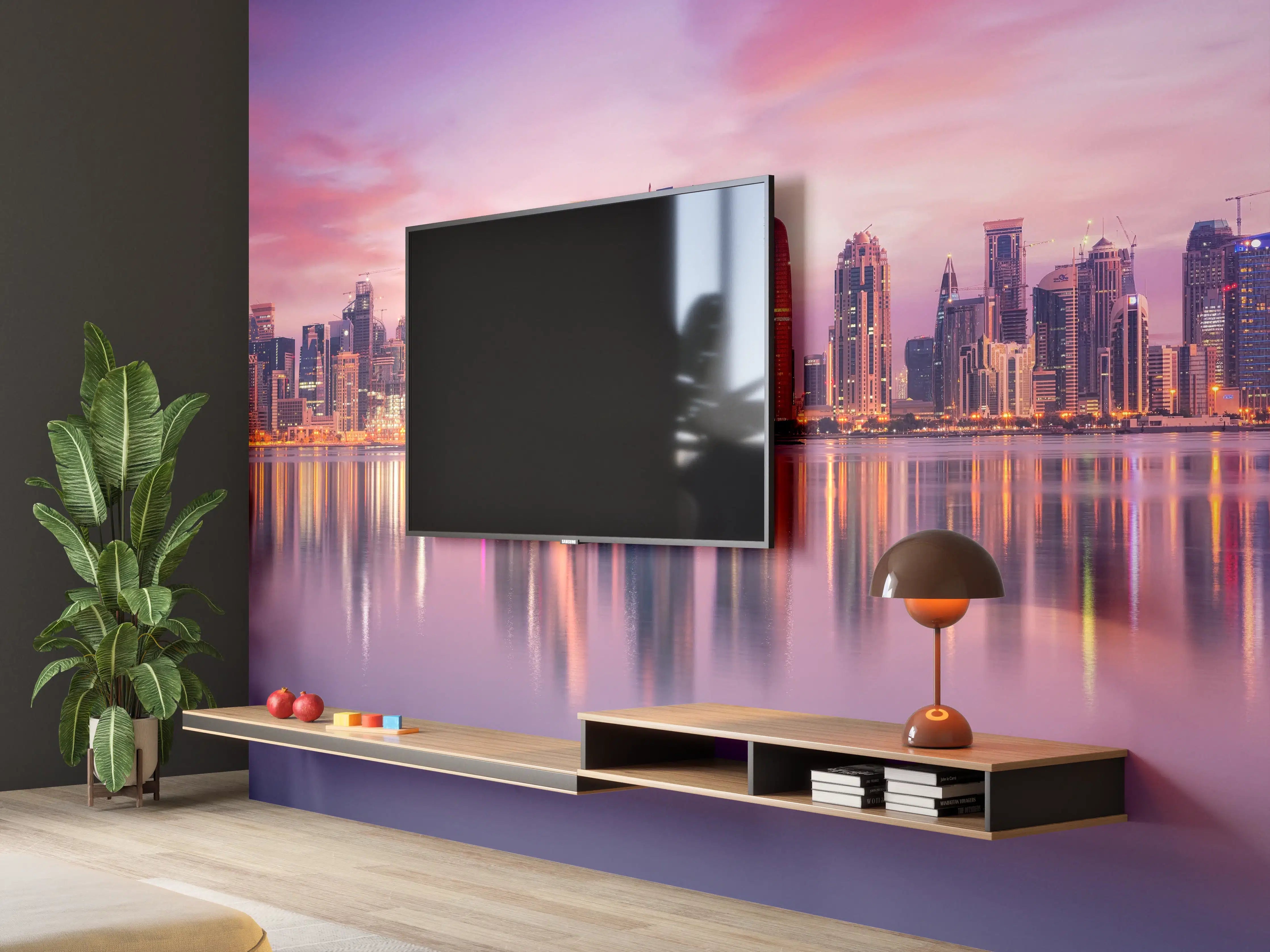 Wandverkleidung Wohnzimmer - Lila-Pink Skyline Panorama