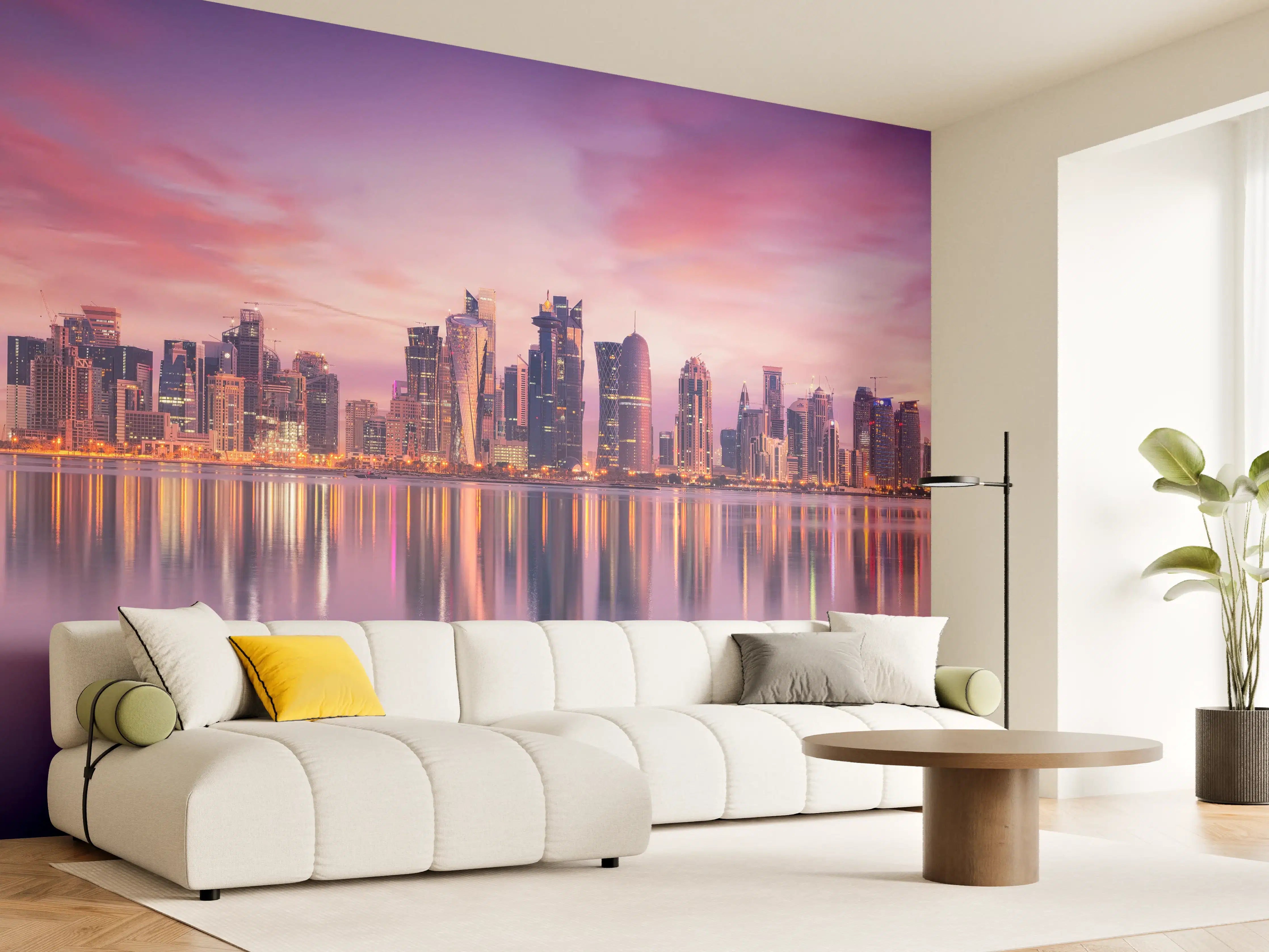 Wandverkleidung Wohnzimmer - Lila-Pink Skyline Panorama