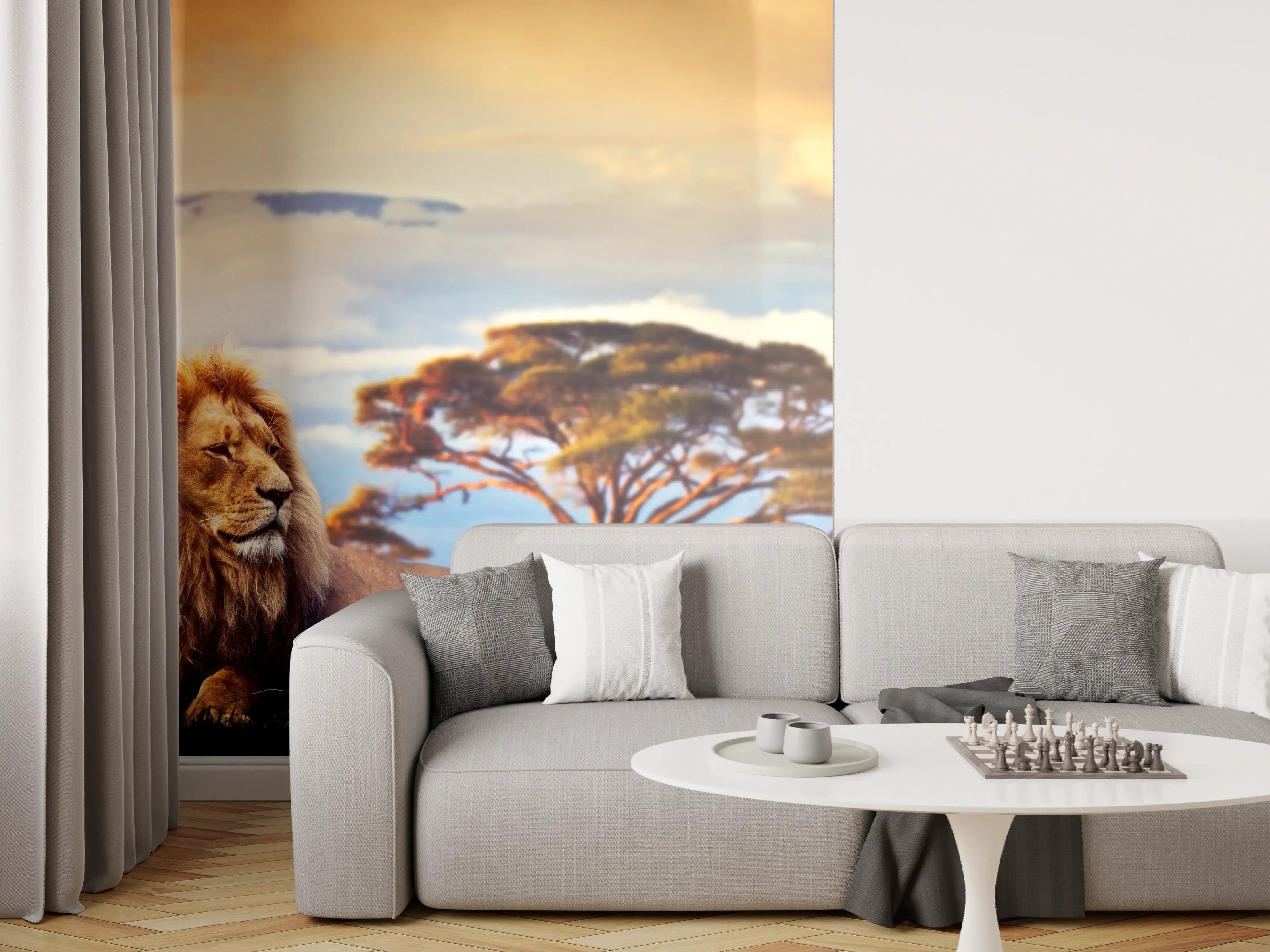 Wandverkleidung Wohnzimmer - Löwe bei Sonnenuntergang