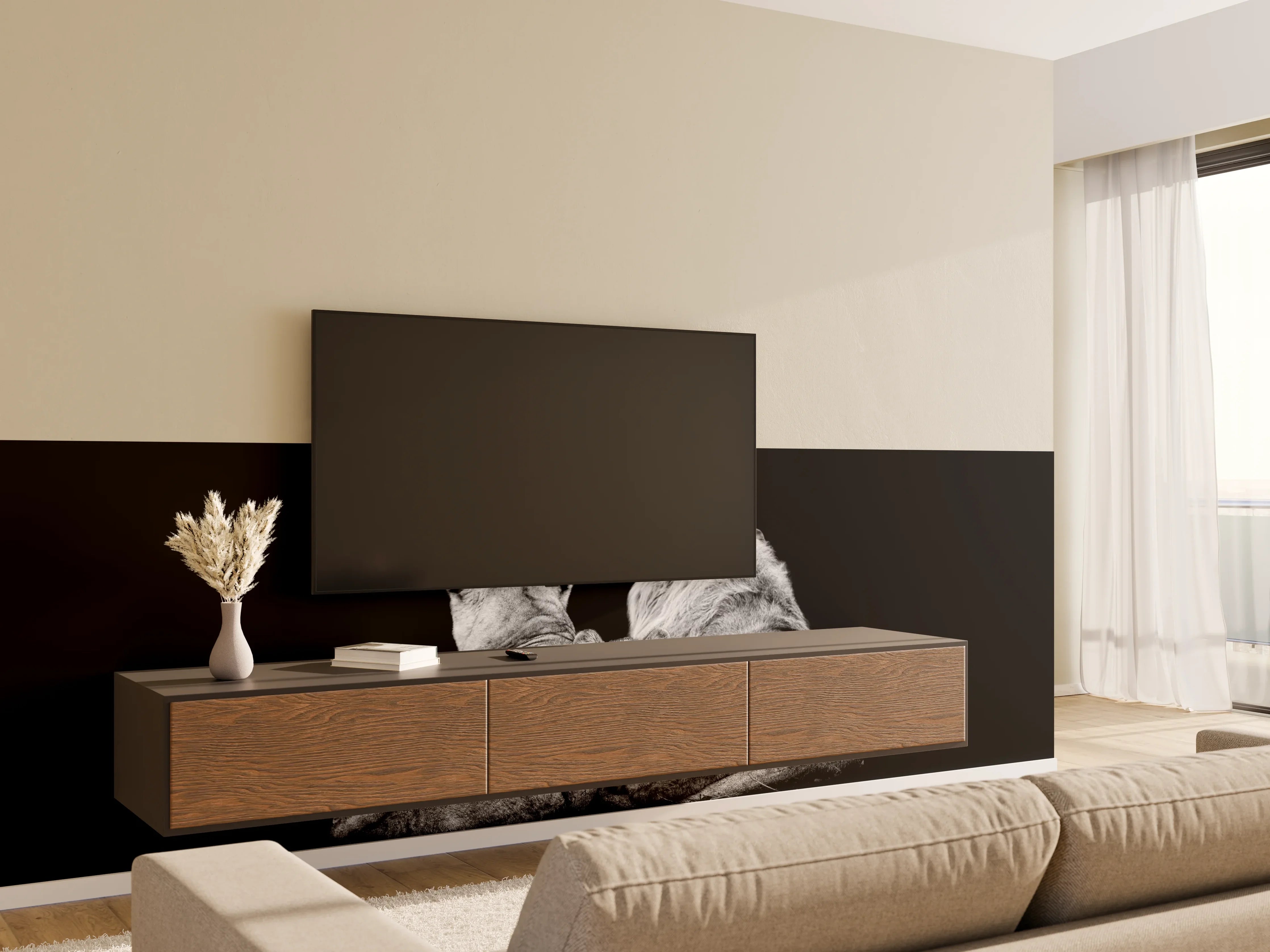 Wandverkleidung Wohnzimmer - Löwenfamilie liegend mit schwarzem Hintergrund