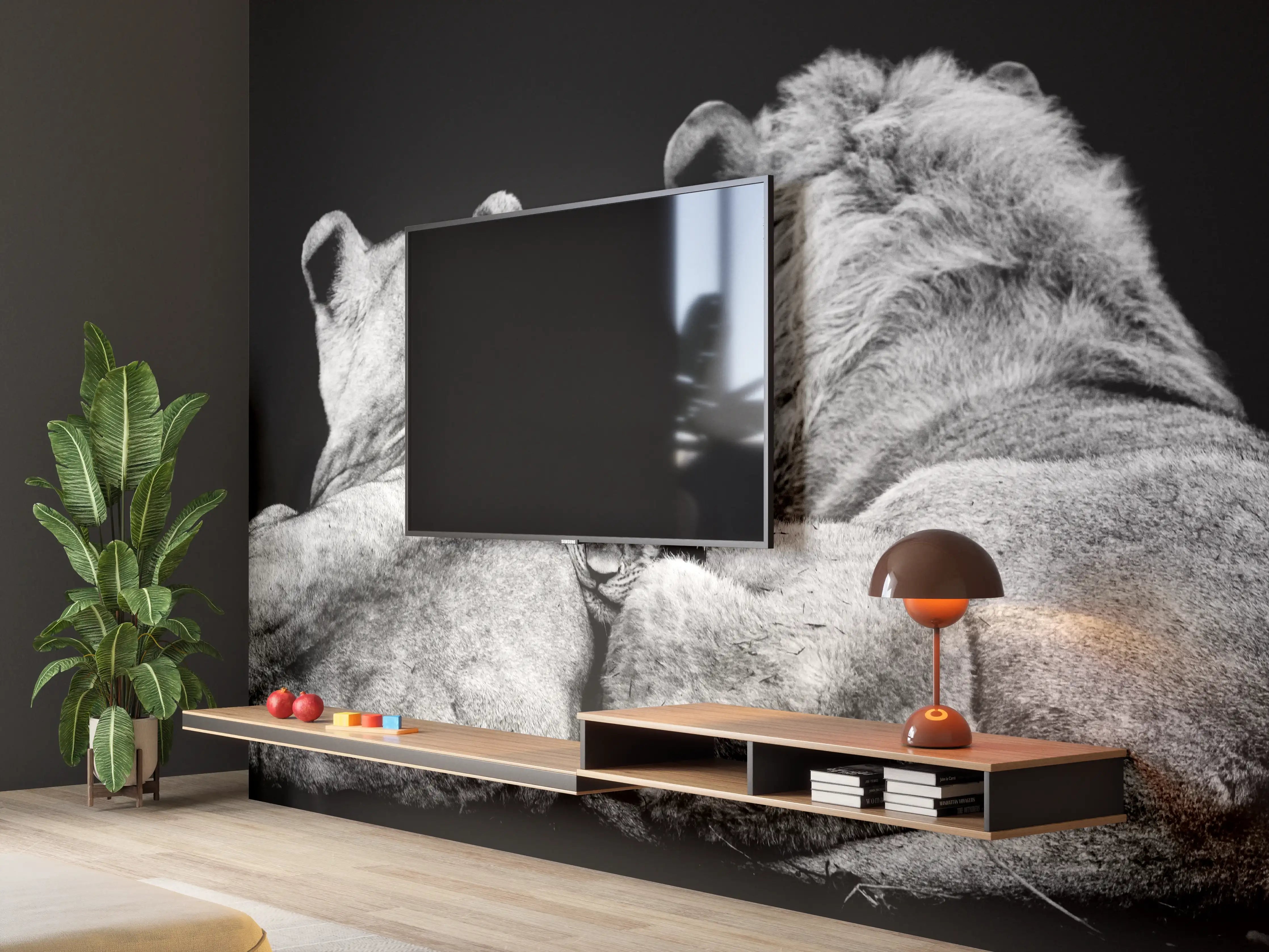 Wandverkleidung Wohnzimmer - Löwenfamilie liegend mit schwarzem Hintergrund