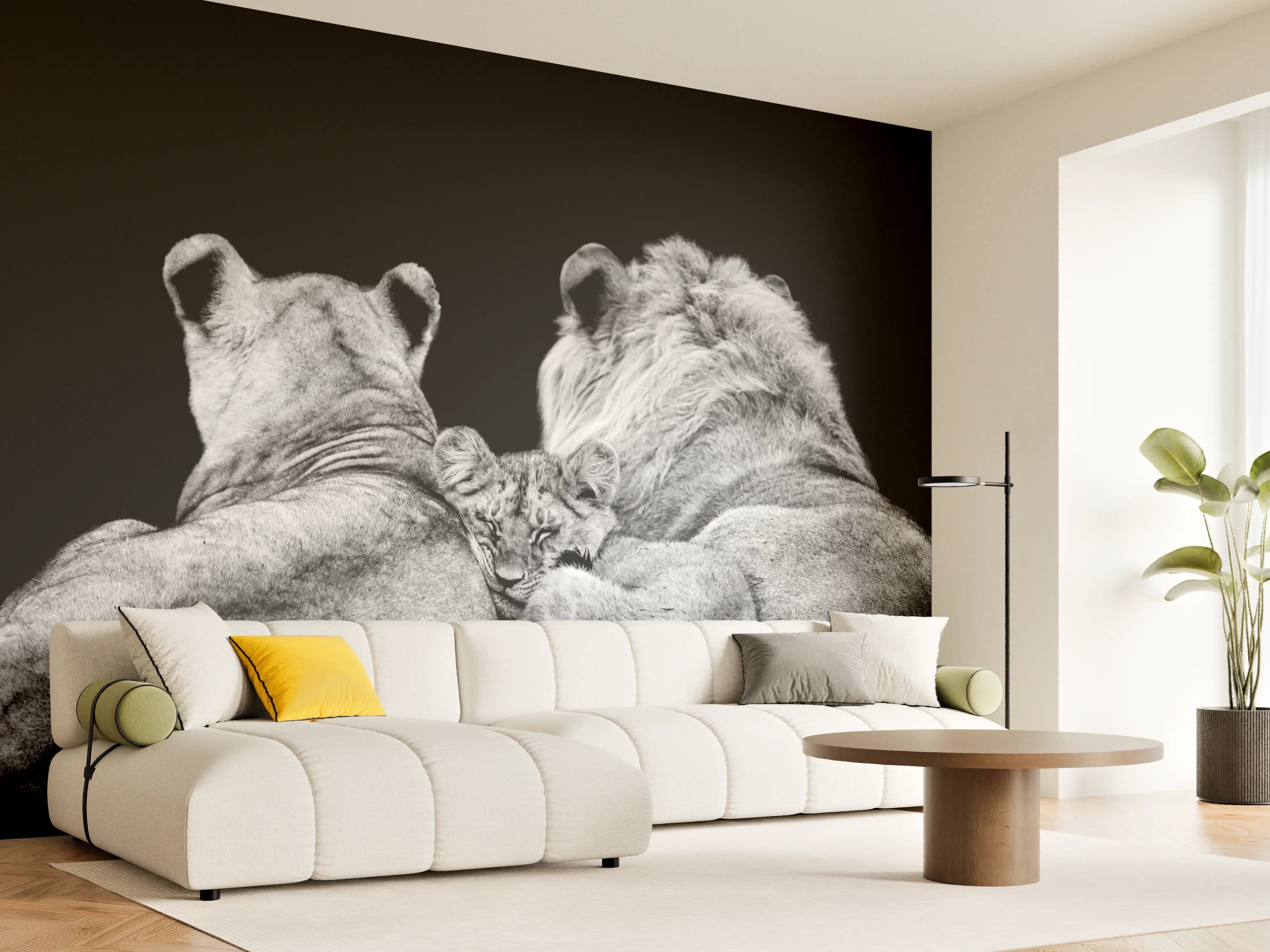 Wandverkleidung Wohnzimmer - Löwenfamilie liegend mit schwarzem Hintergrund