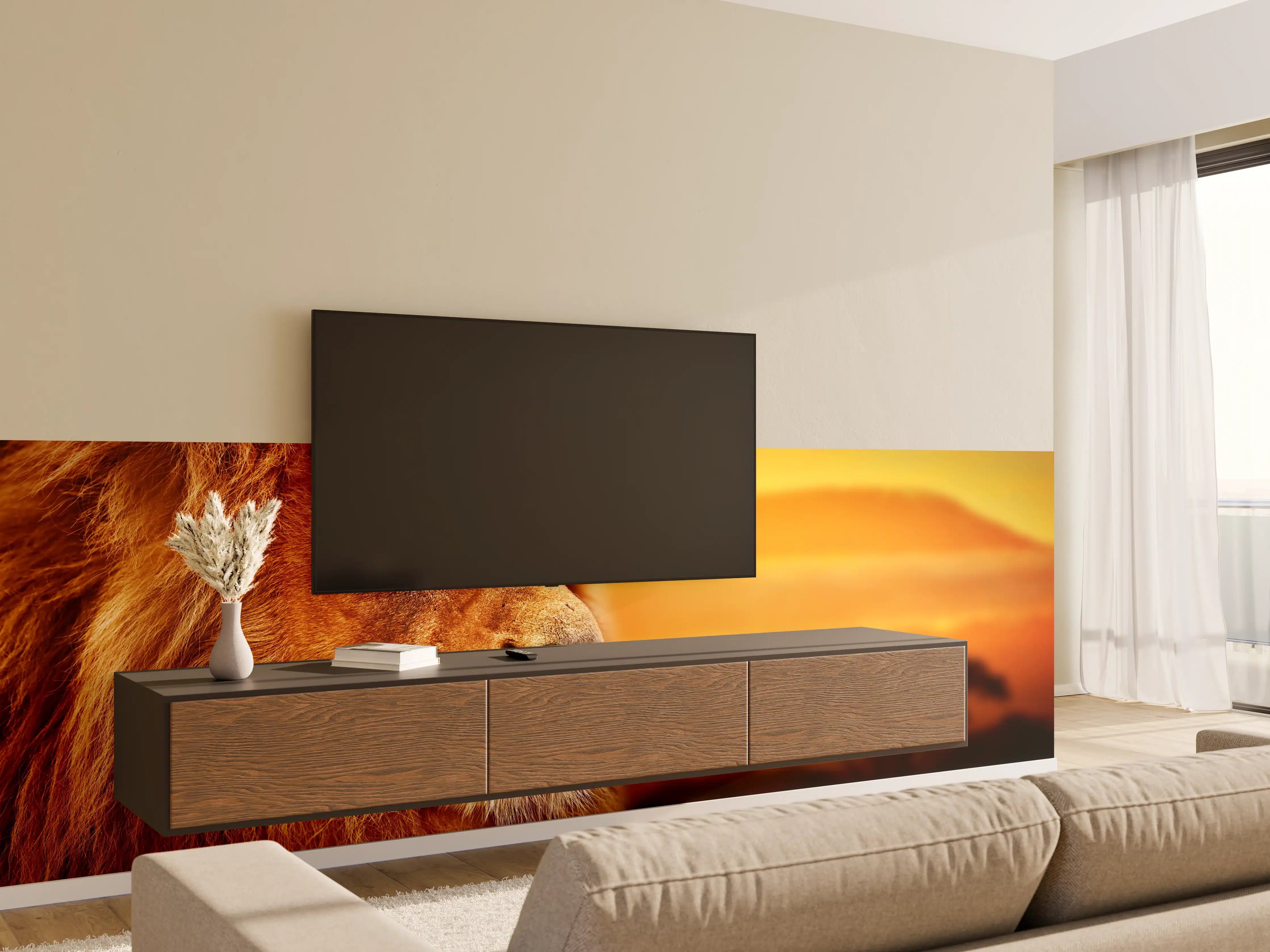 Wandverkleidung Wohnzimmer - Löwenporträt in der Savanne