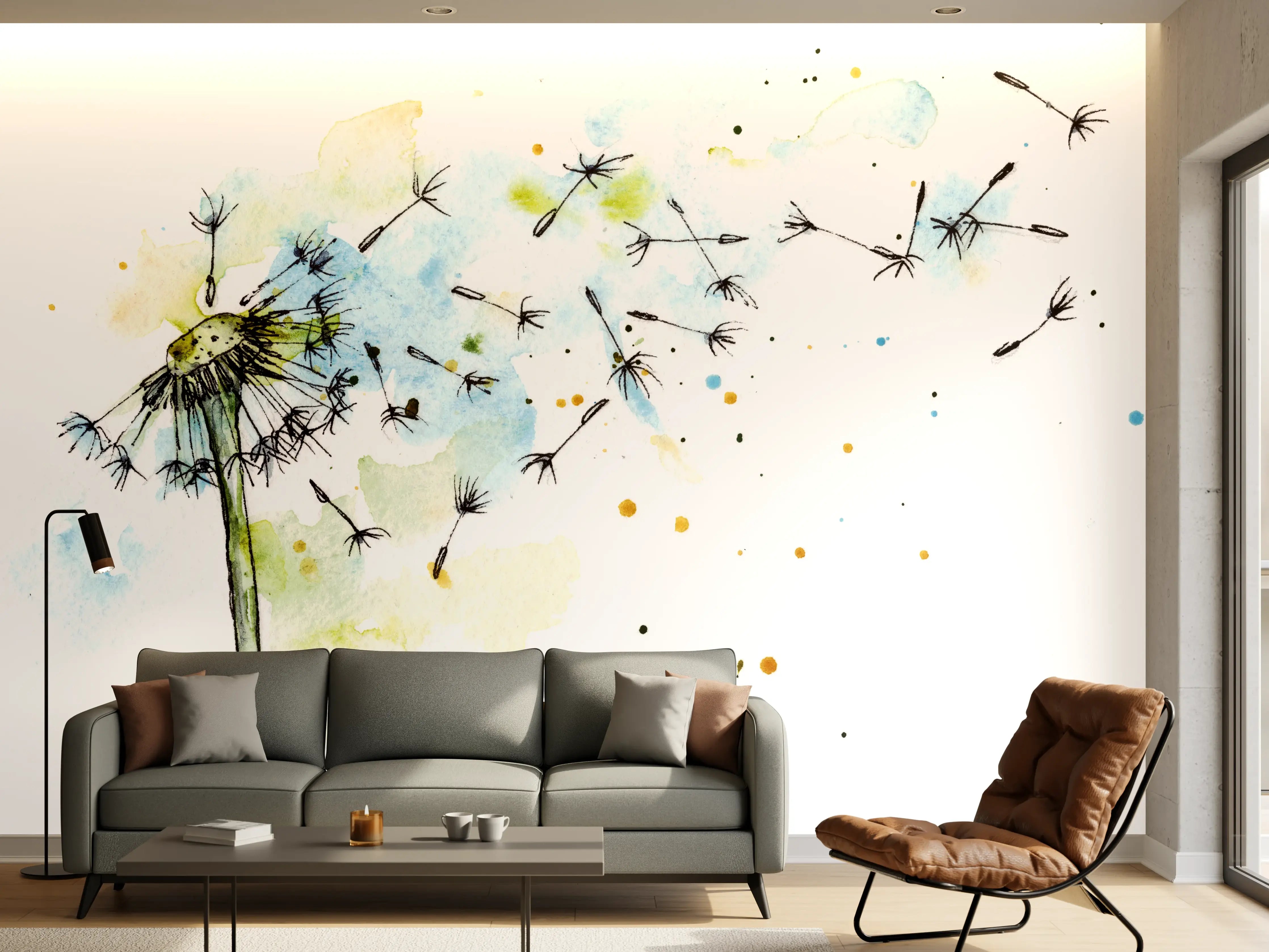 Wandverkleidung Wohnzimmer - Löwenzahn Aquarell