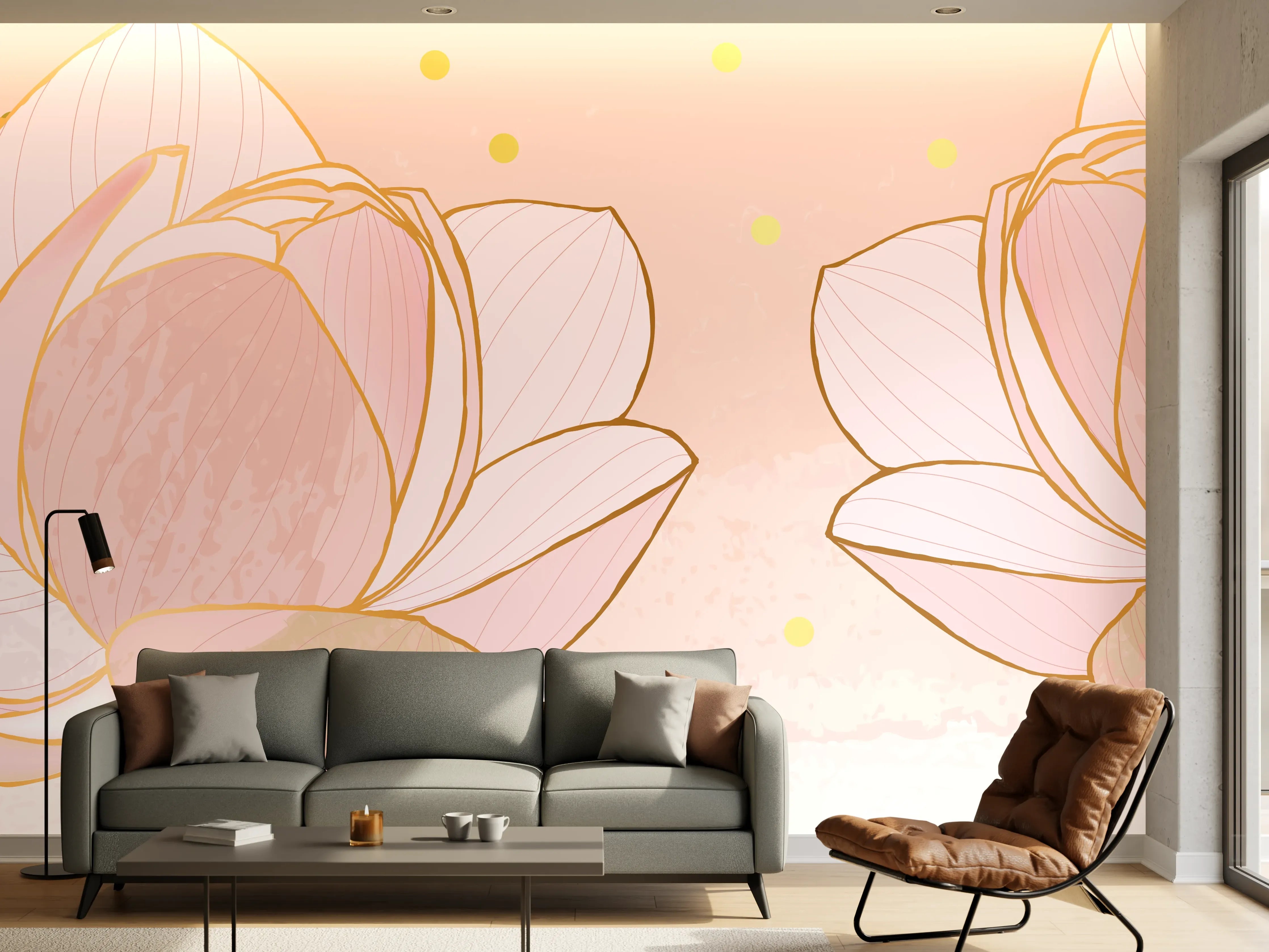 Wandverkleidung Wohnzimmer - Lotusblüte Rosa Gold Akzente
