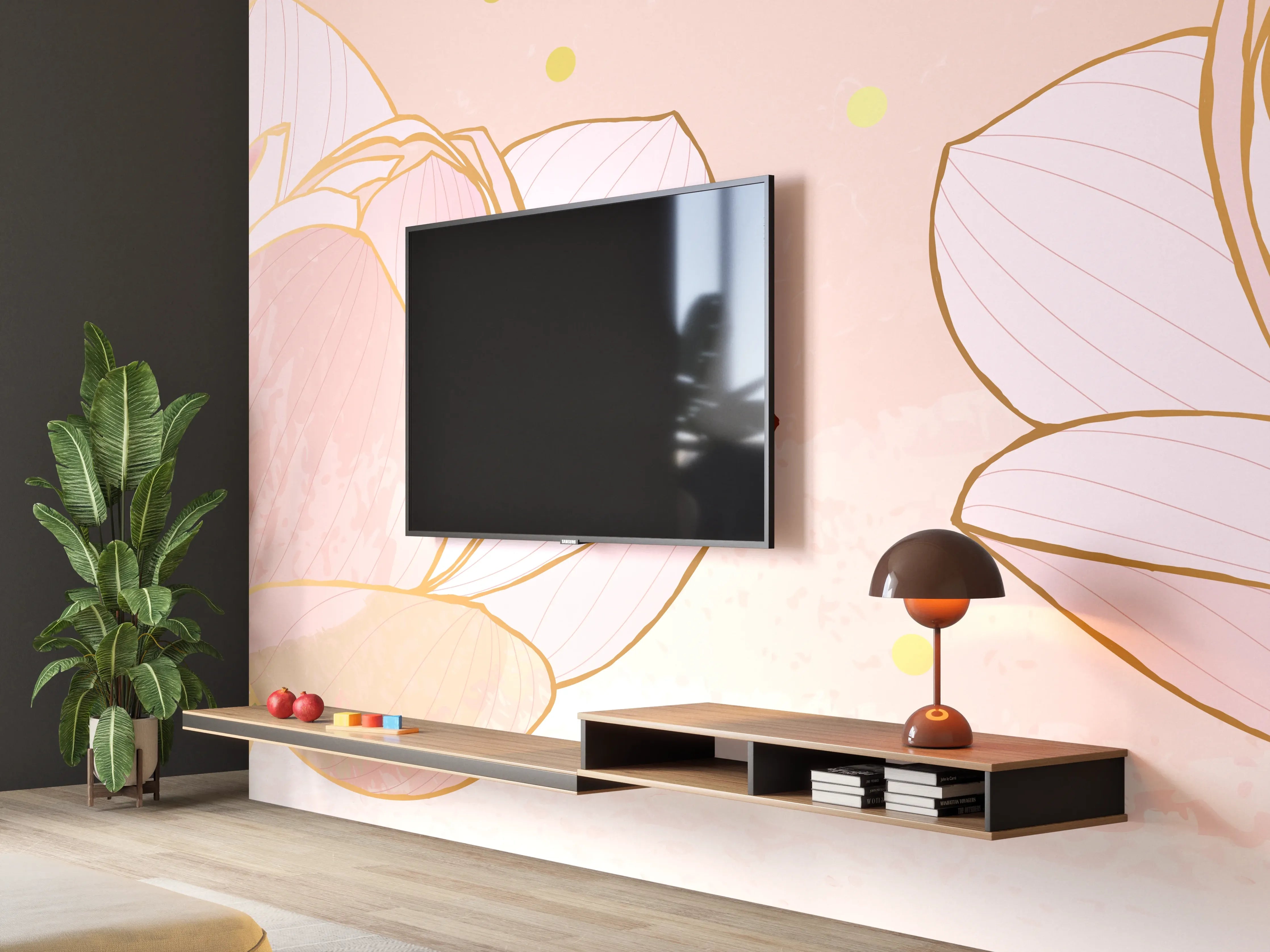Wandverkleidung Wohnzimmer - Lotusblüte Rosa Gold Akzente