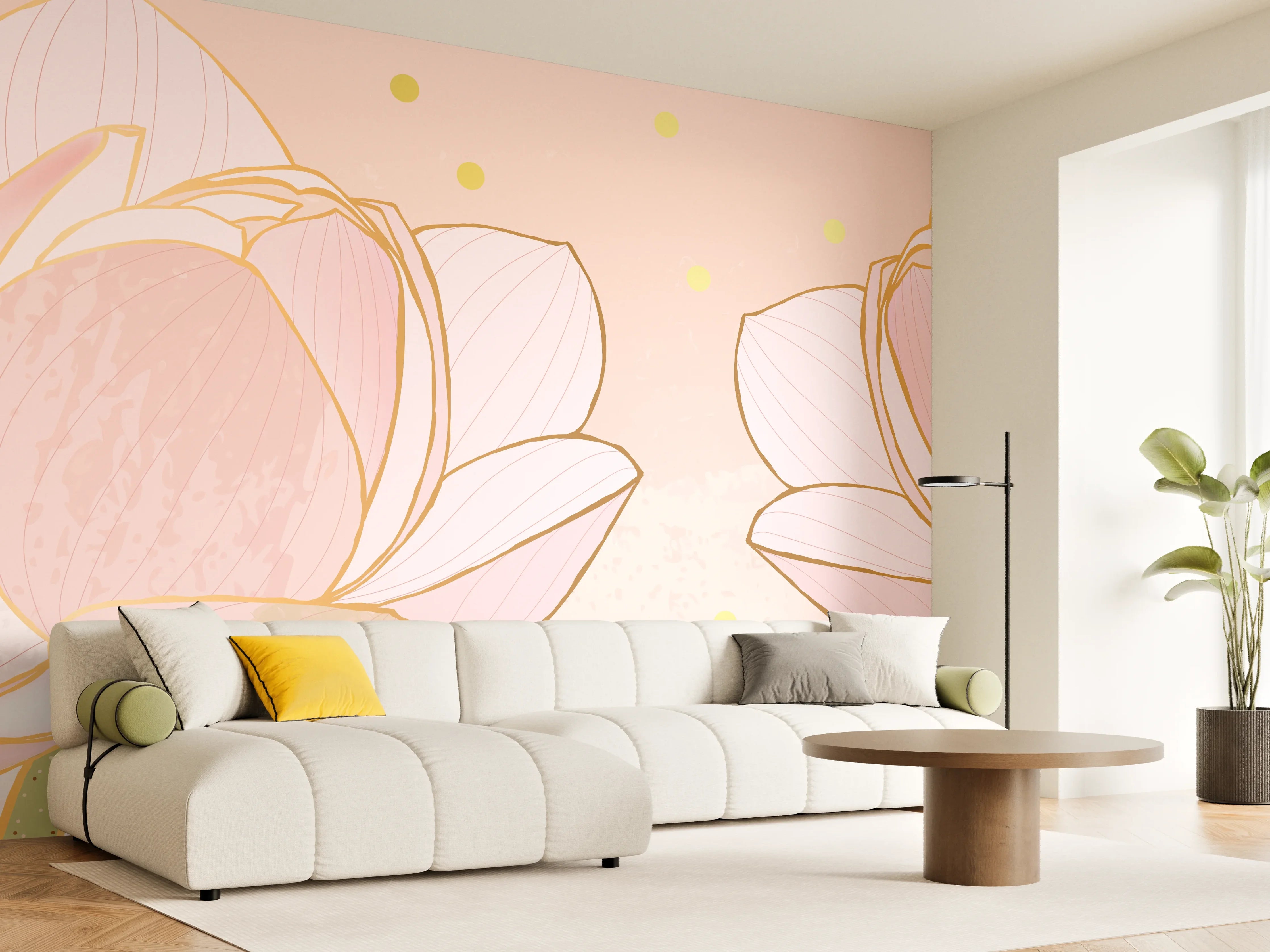 Wandverkleidung Wohnzimmer - Lotusblüte Rosa Gold Akzente