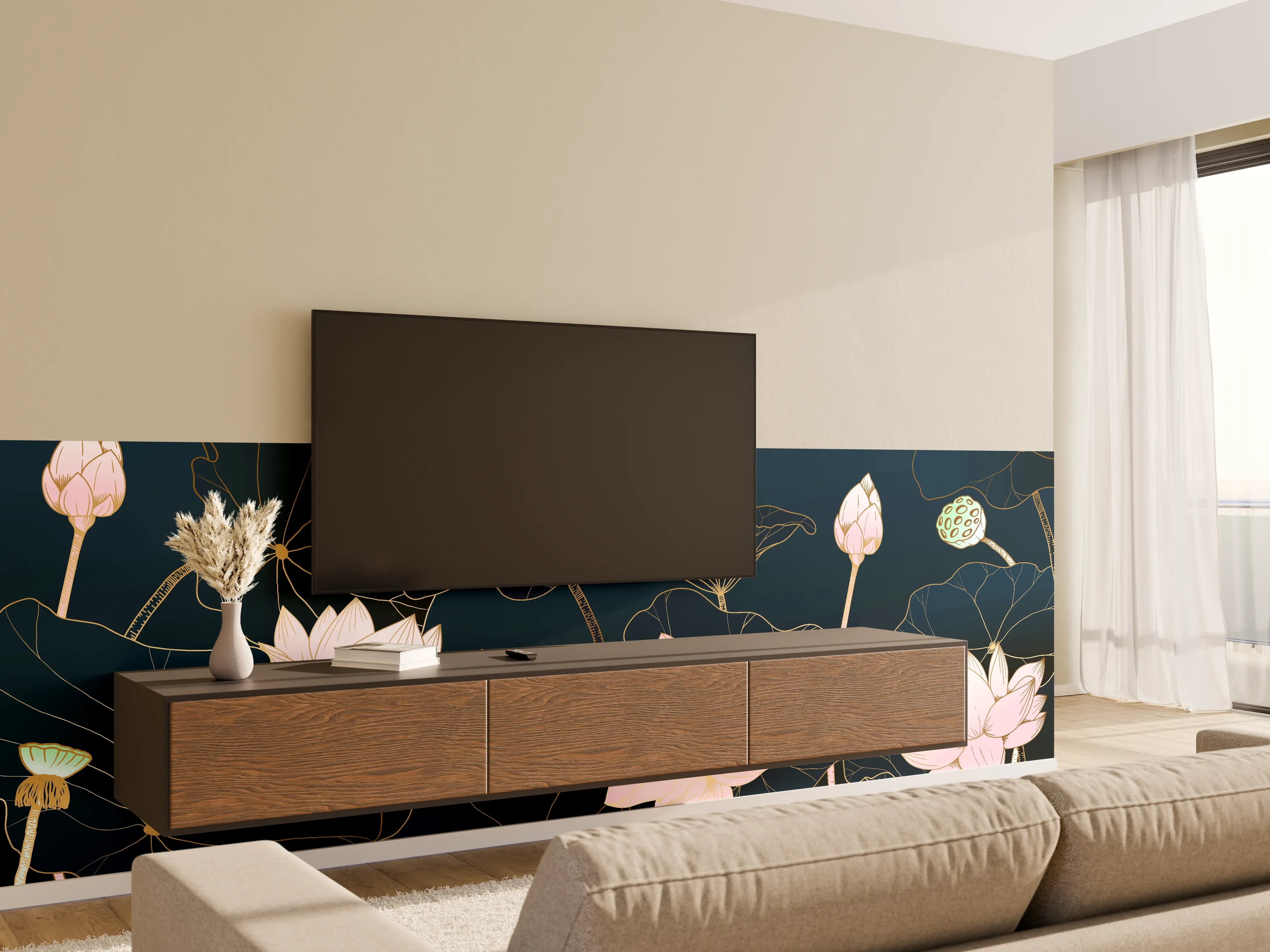 Wandverkleidung Wohnzimmer - Lotusblüten Nachtblau Illustration