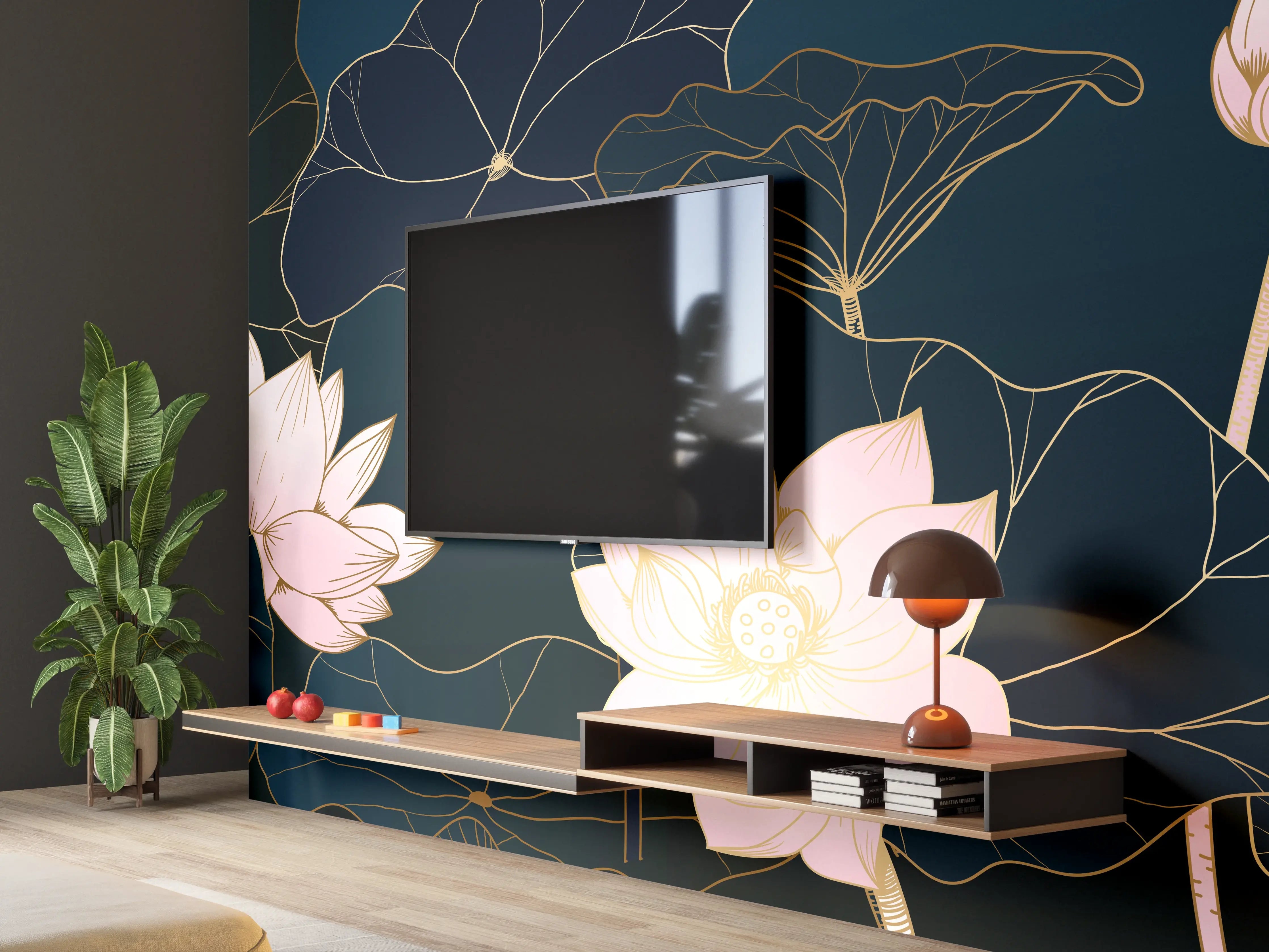Wandverkleidung Wohnzimmer - Lotusblüten Nachtblau Illustration