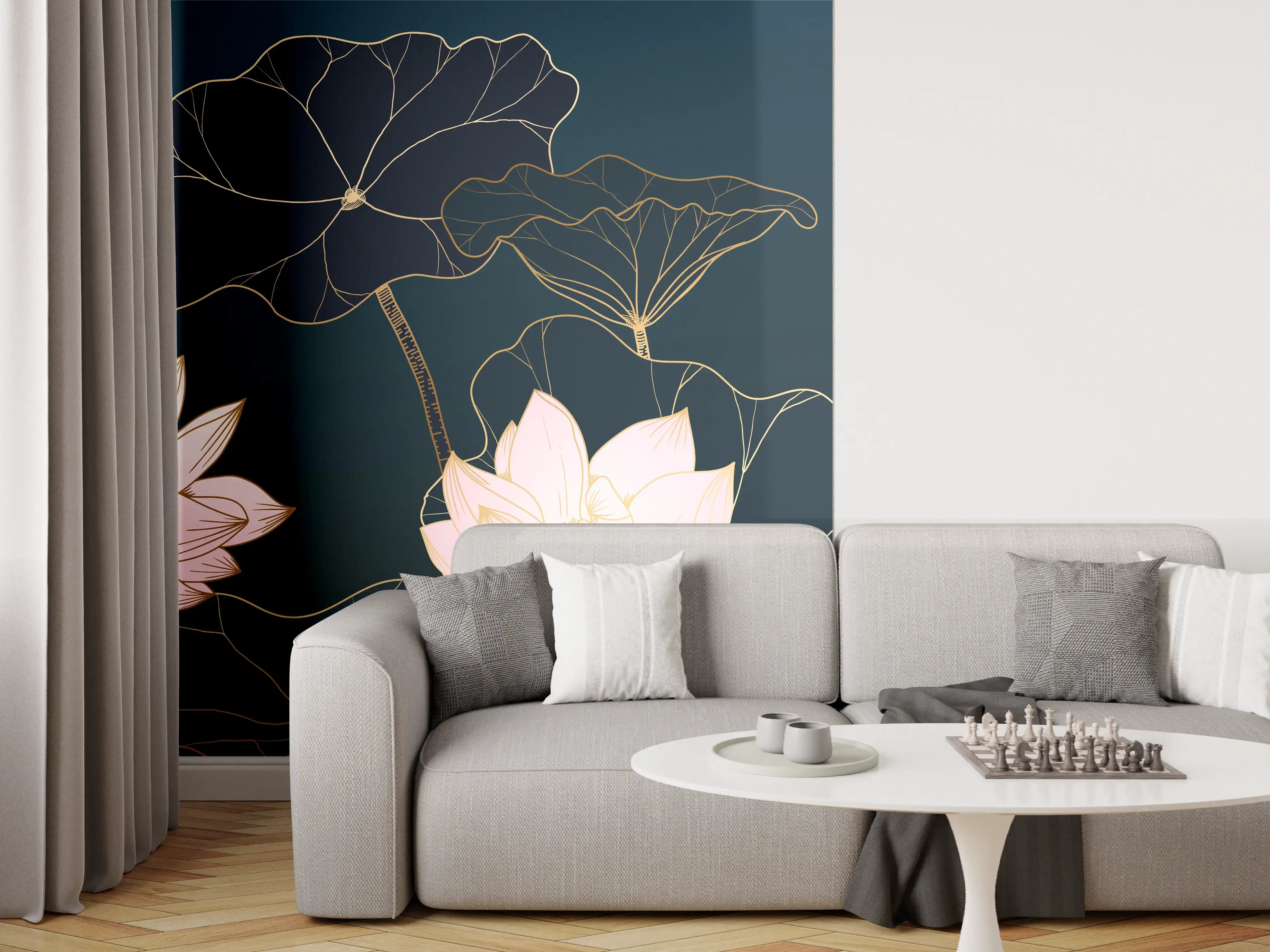Wandverkleidung Wohnzimmer - Lotusblüten Nachtblau Illustration